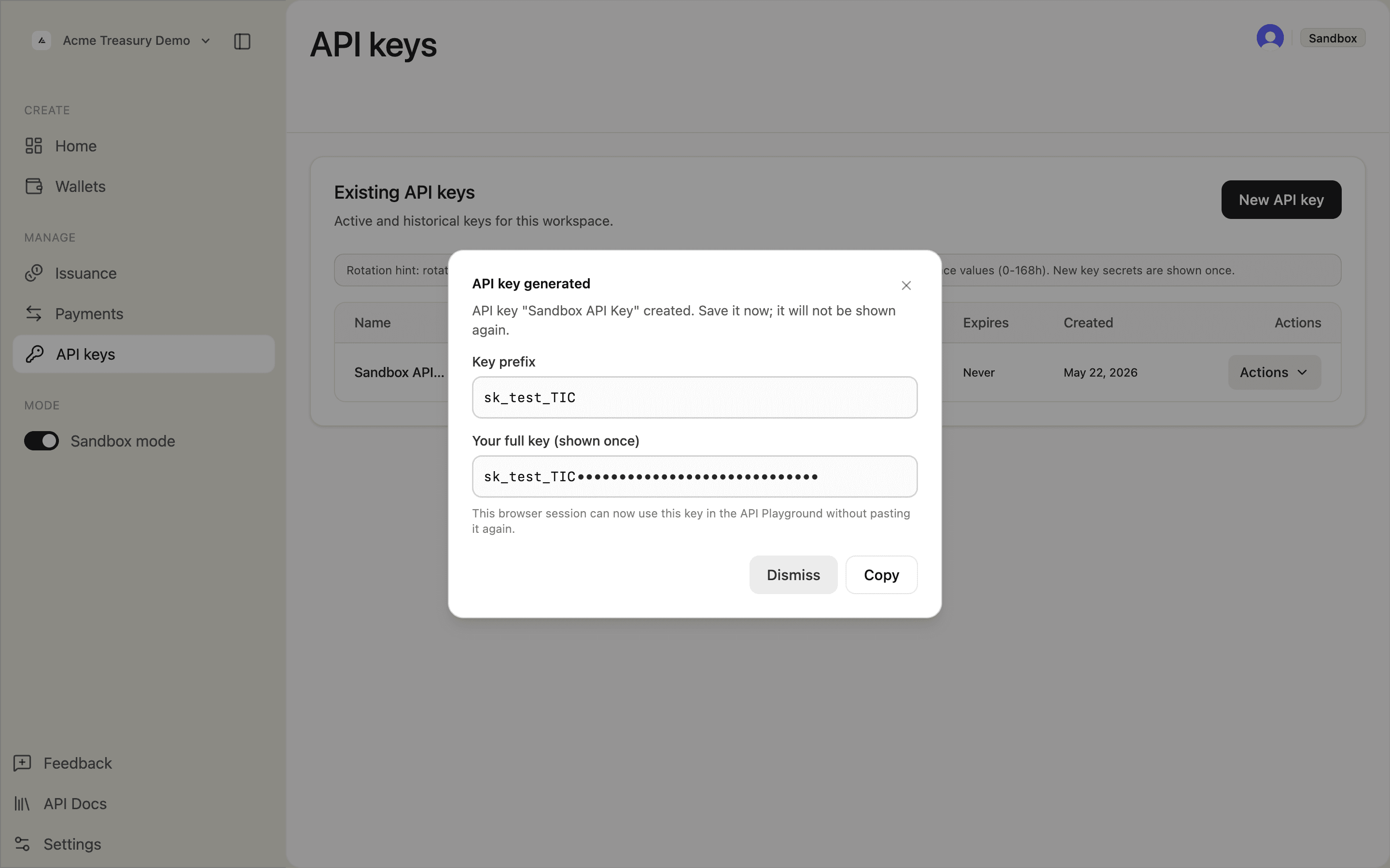 API key generated modal, full key redacted