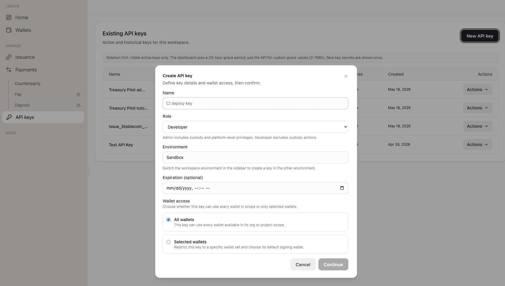 API keys page with the New API key modal open, role dropdown highlighted.