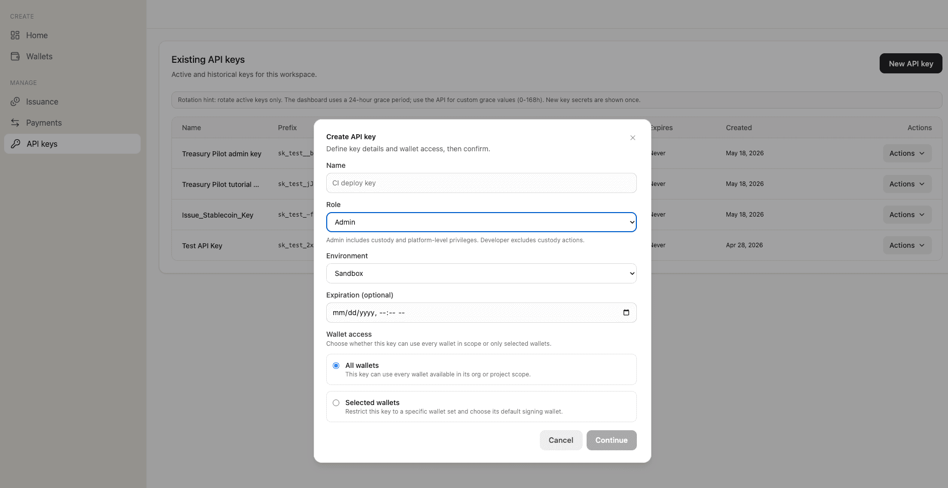 Create API key dialog in the SDP dashboard, with Role set to Admin and Environment set to Sandbox.