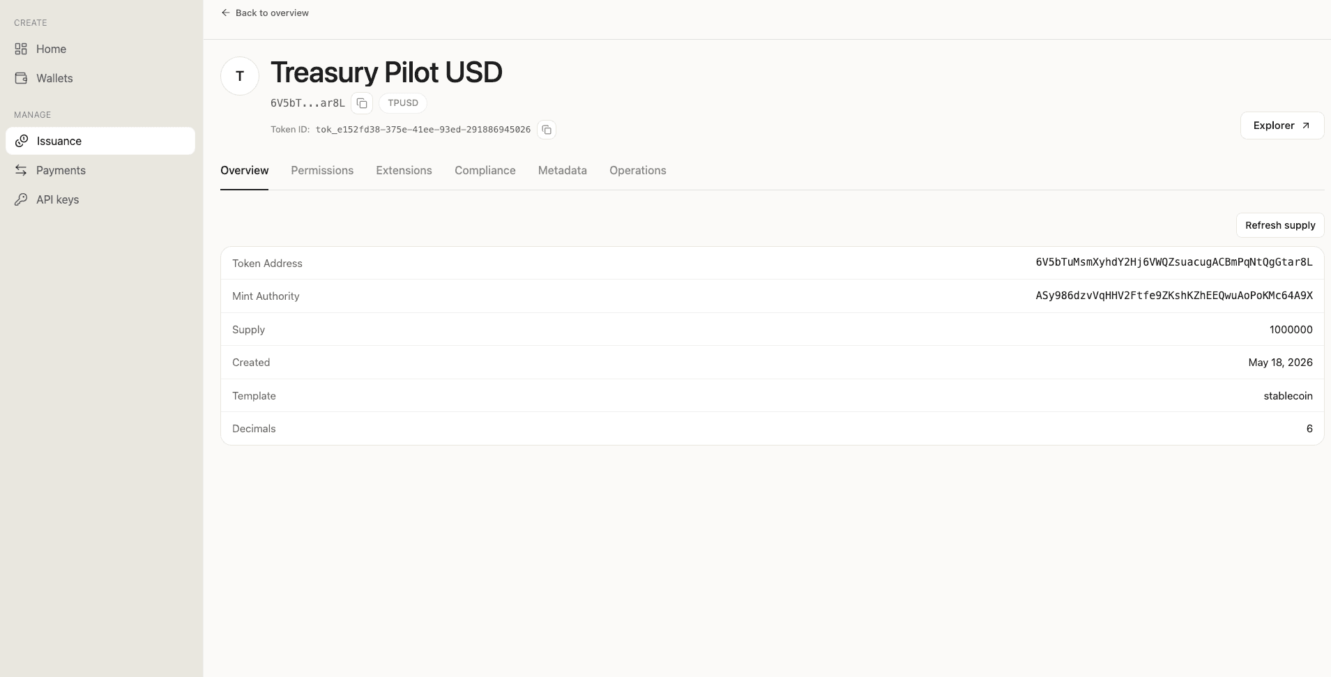 Deployed token shown in the SDP dashboard's issuance page, with status active and the mint address surfaced.