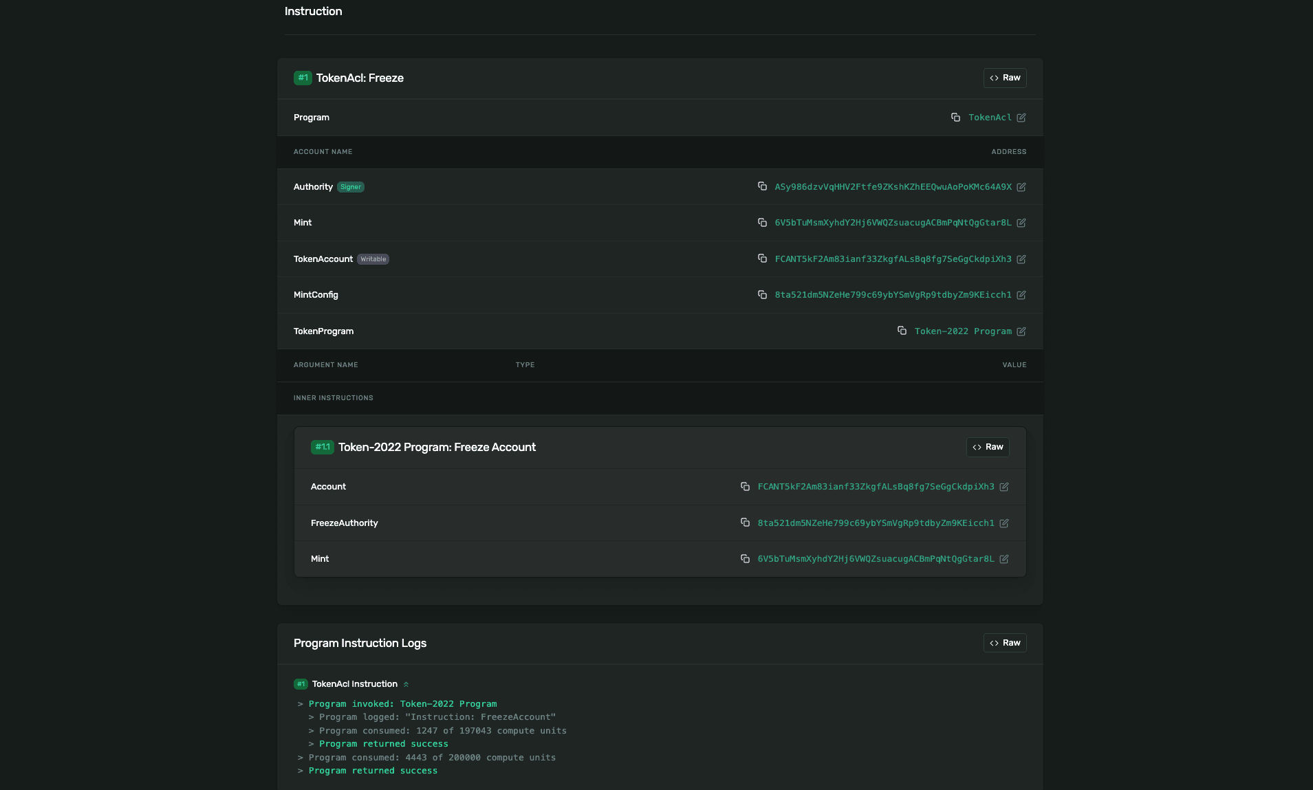 Freeze transaction on Solana Explorer in devnet, showing the Token-2022 FreezeAccount instruction applied to the destination's associated token account.