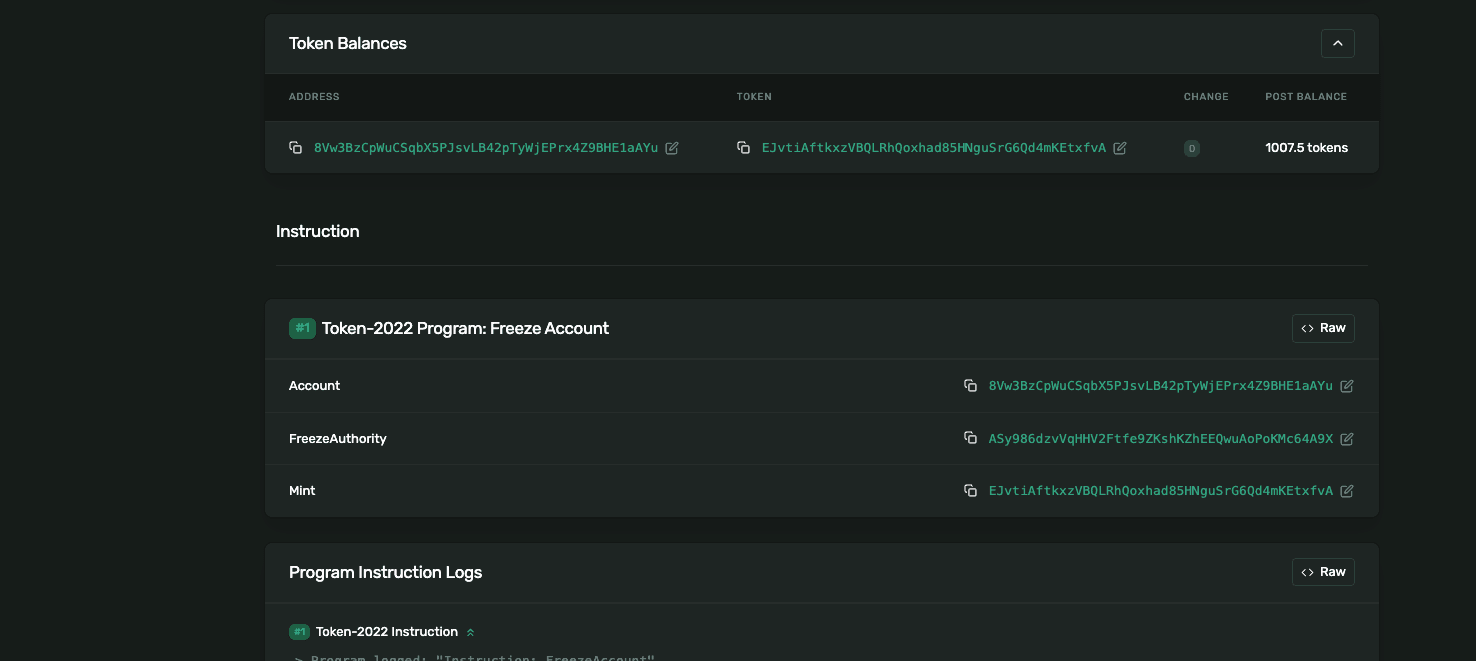 Freeze transaction on Solana Explorer in devnet, showing the Token-2022 FreezeAccount instruction applied to the holder's ATA.