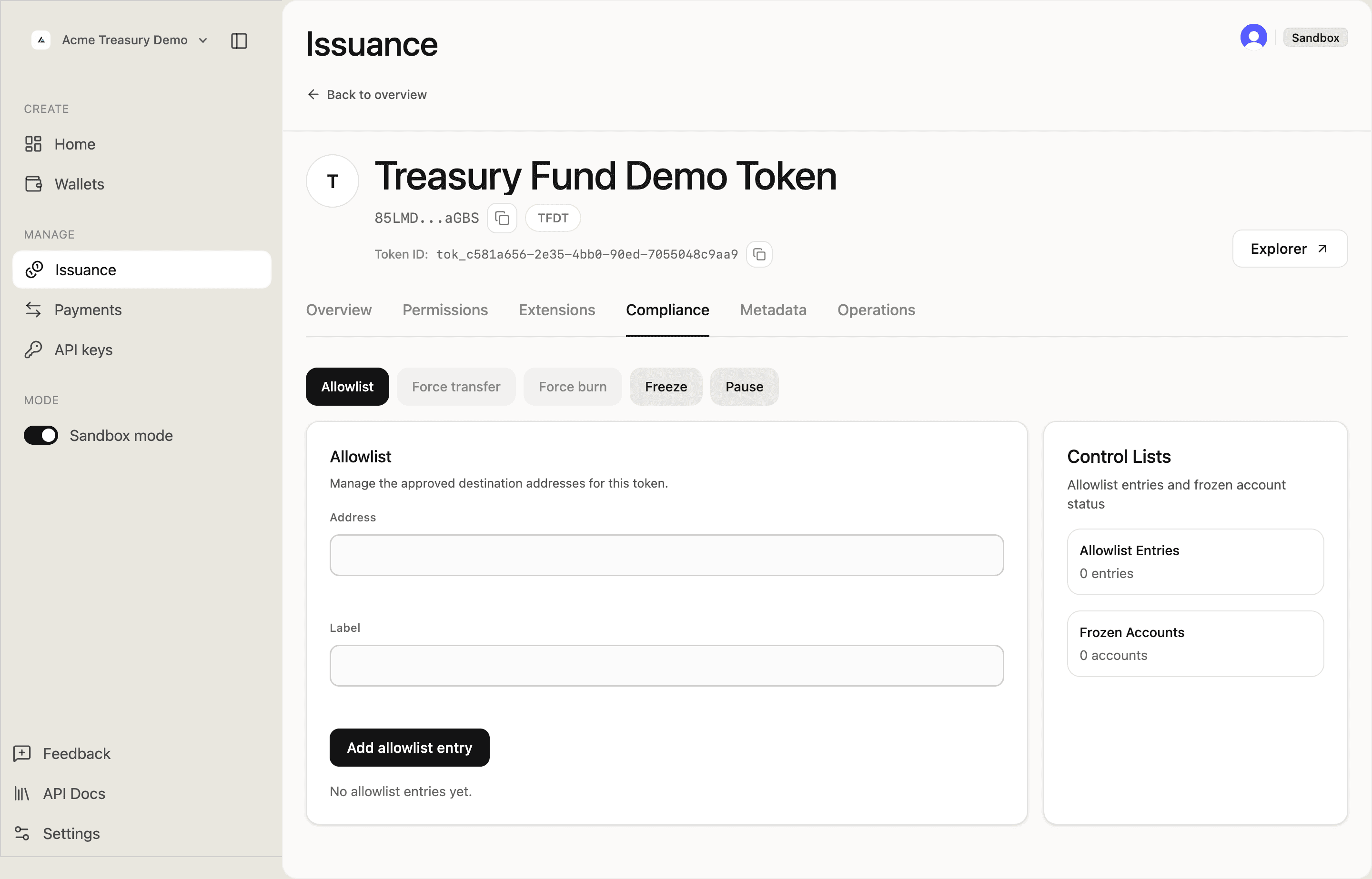 Compliance Allowlist tab with empty address and label fields, ready to add a new entry