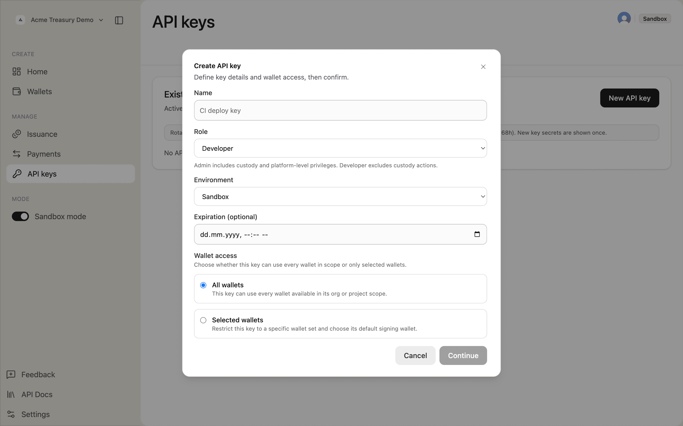Create API key modal