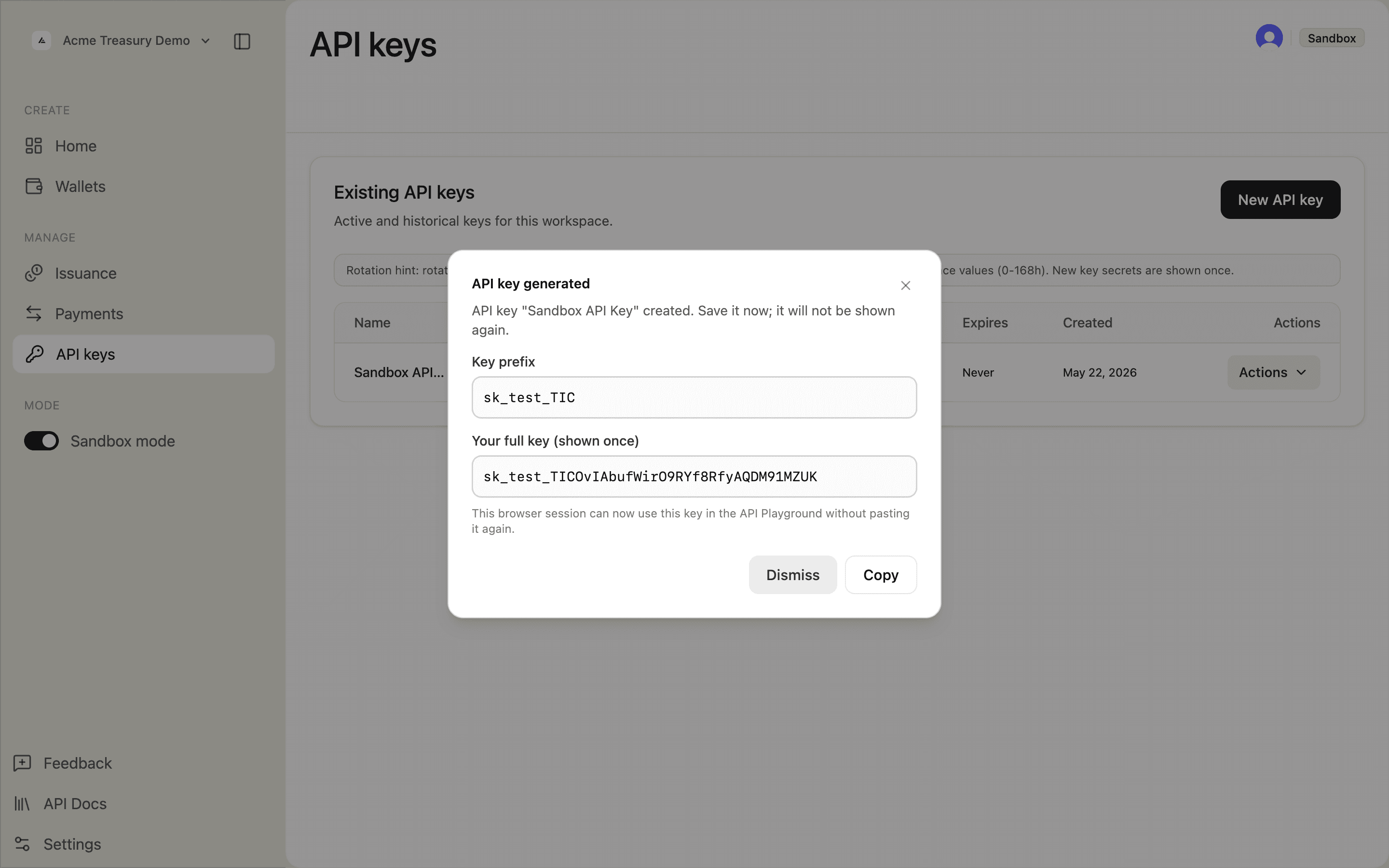 API key generated modal showing the full key