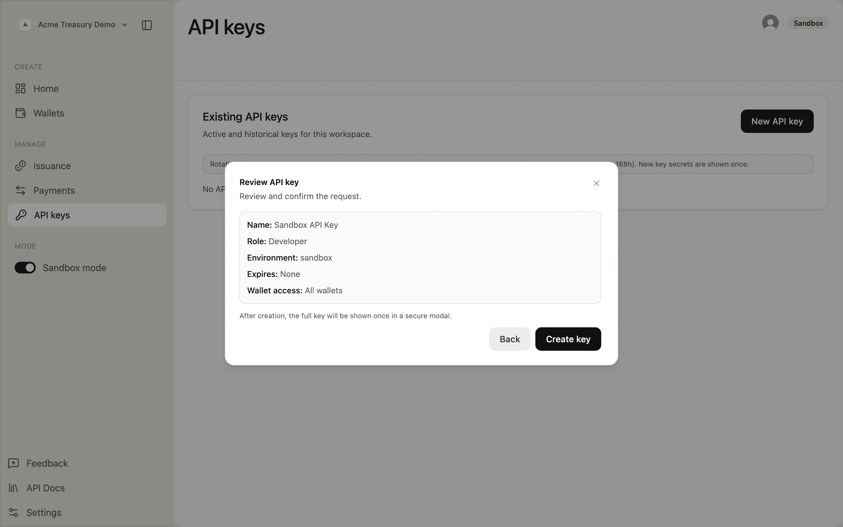Review API key modal