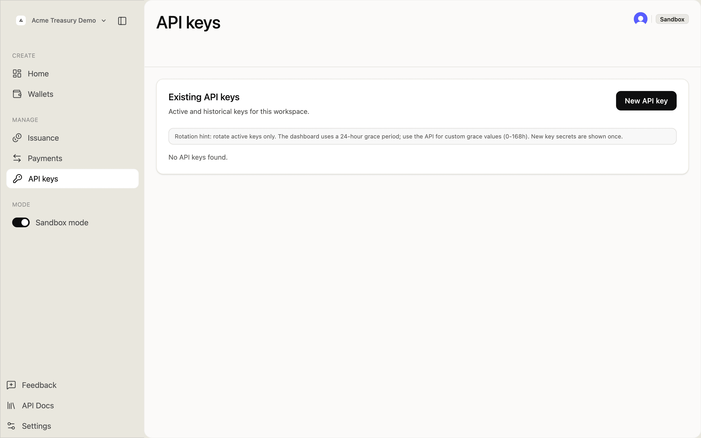 API keys page with no keys yet