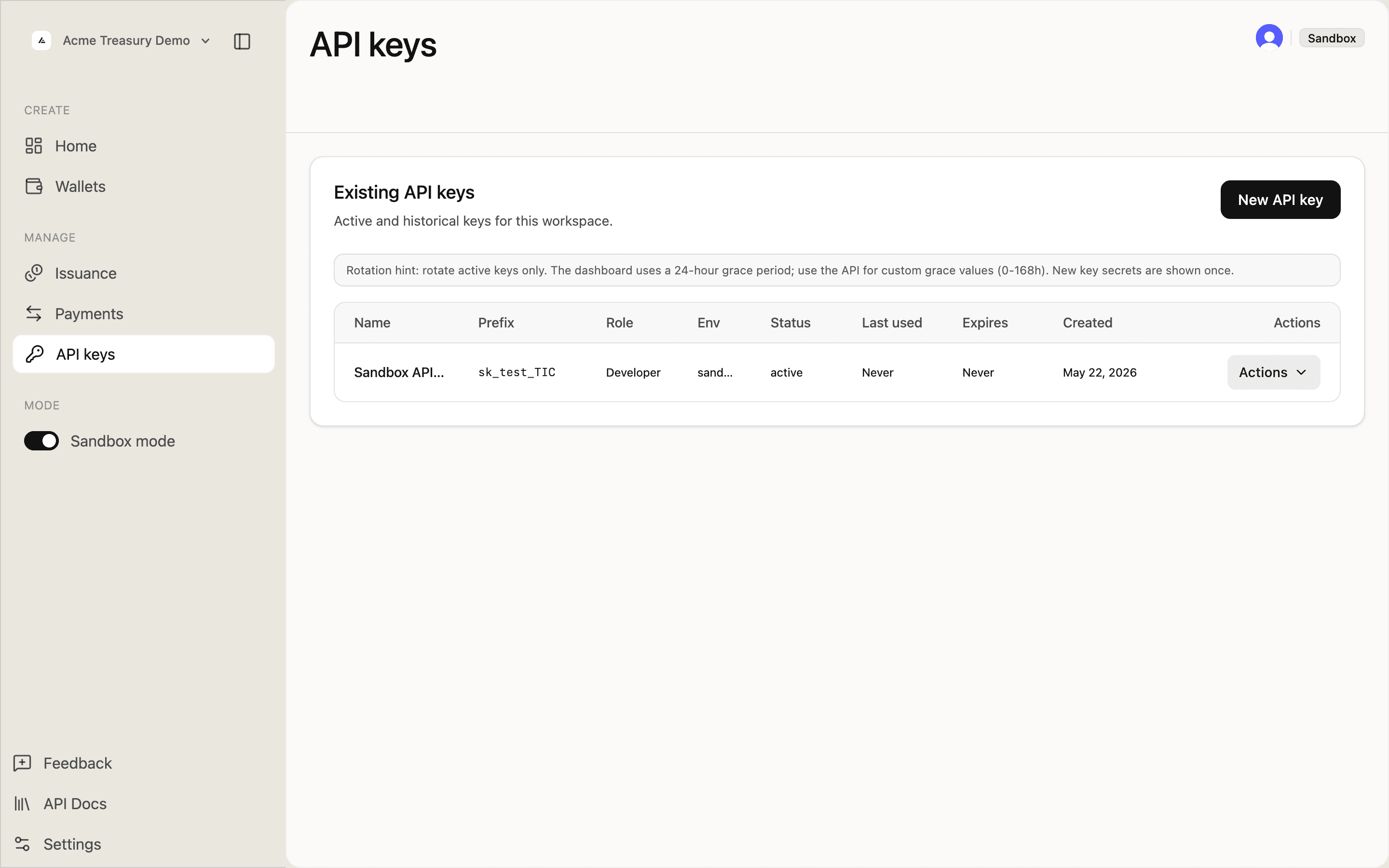 API keys list with one active key