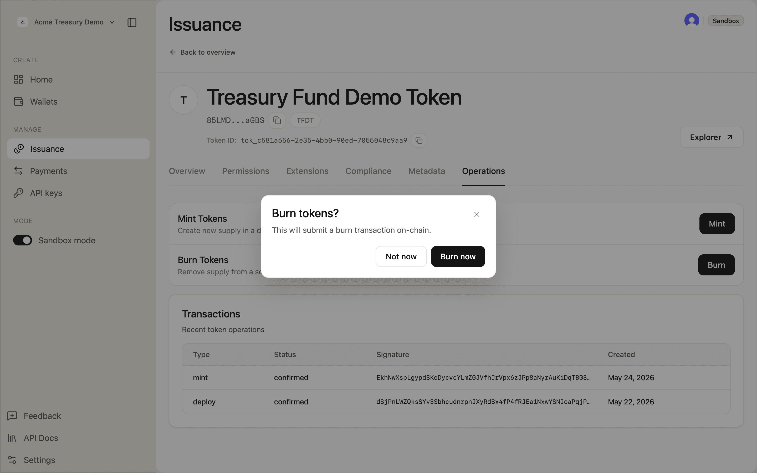 Burn tokens confirmation dialog
