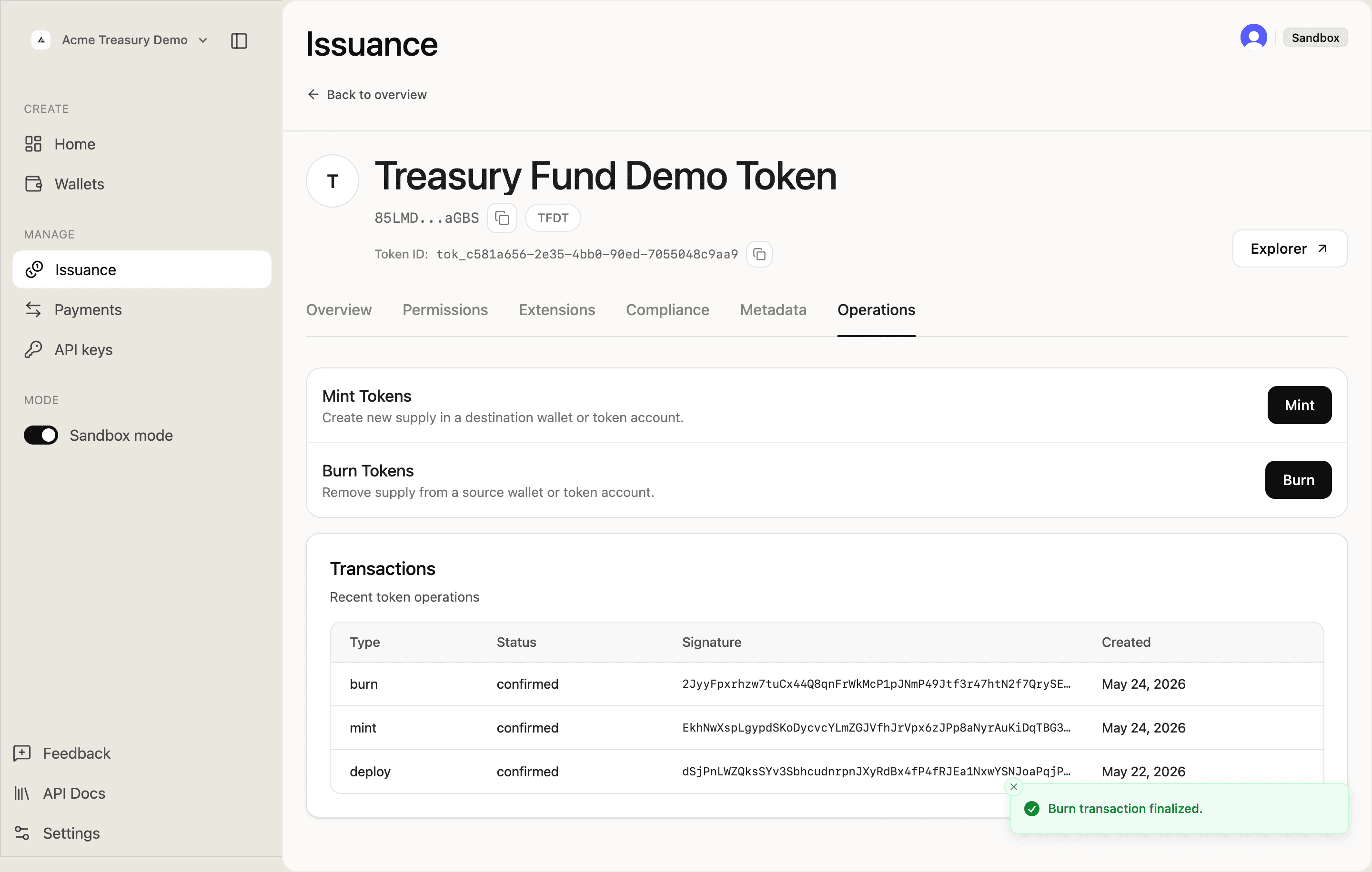 Operations tab showing confirmed burn transaction and finalized toast