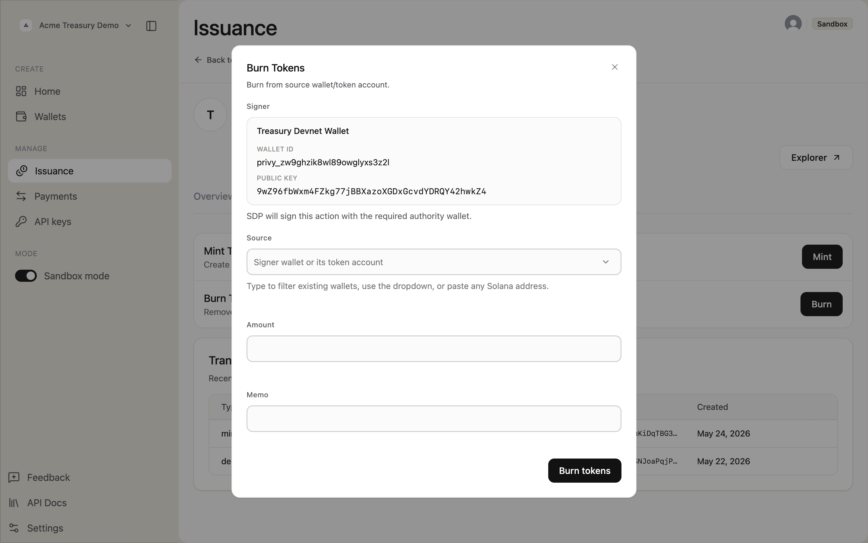 Burn Tokens modal with empty source field