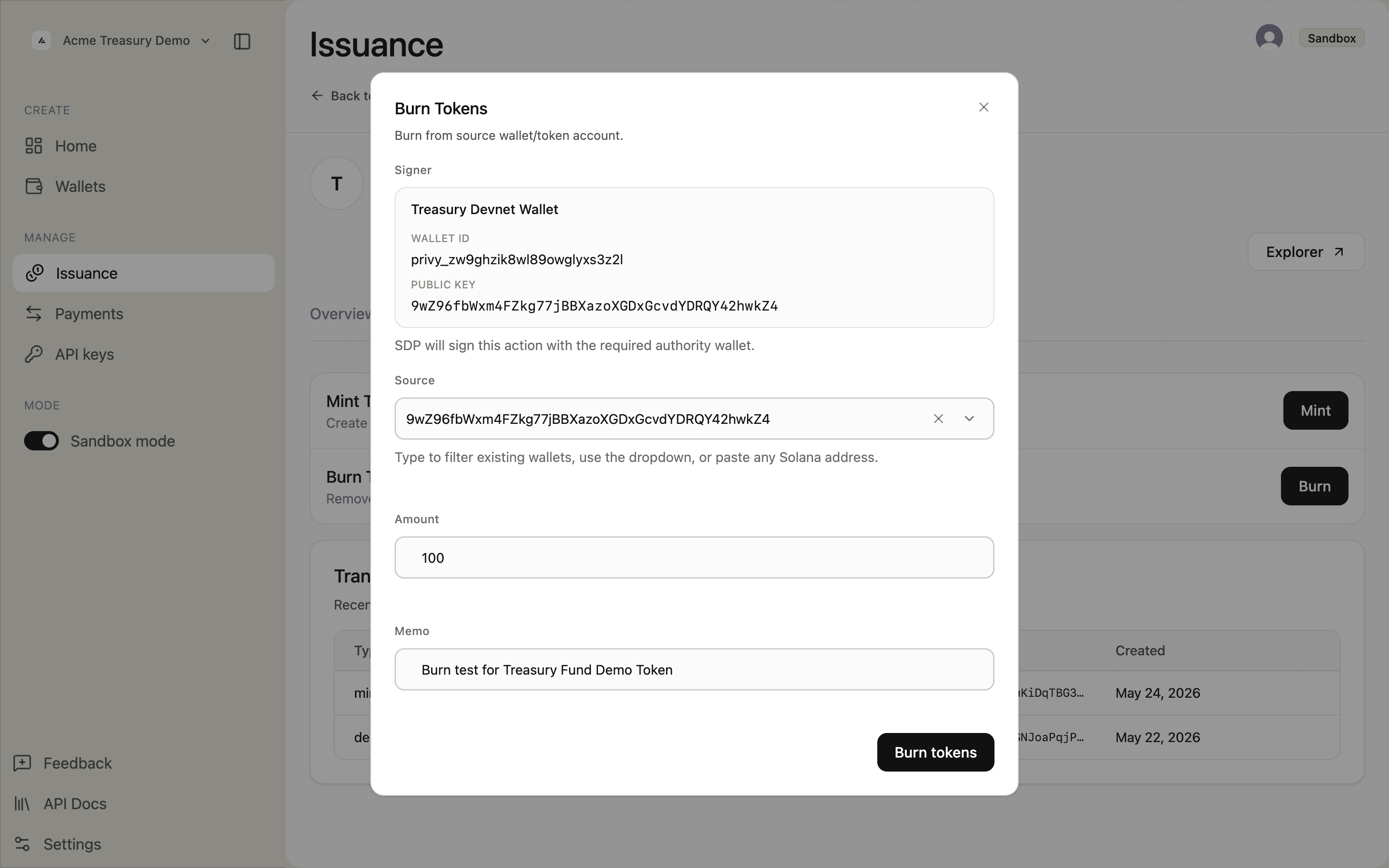 Burn Tokens modal filled with source, amount, and memo
