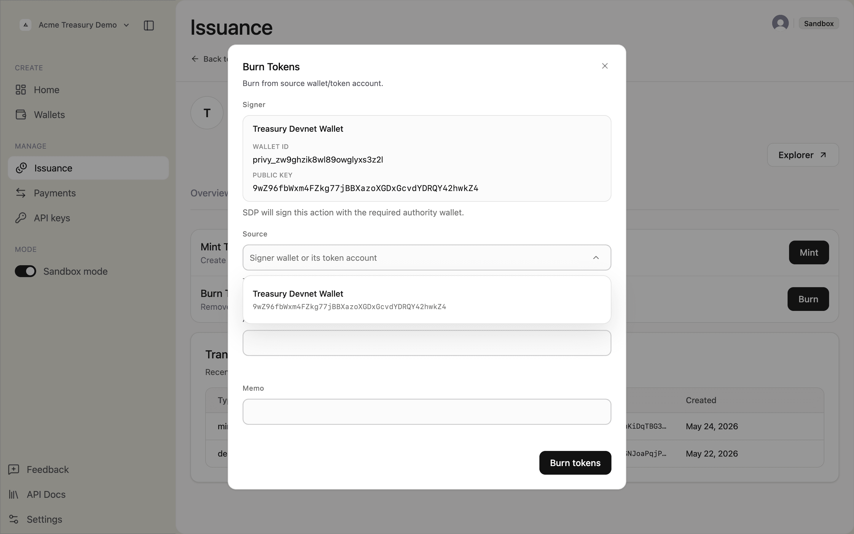 Burn Tokens modal with source wallet dropdown open