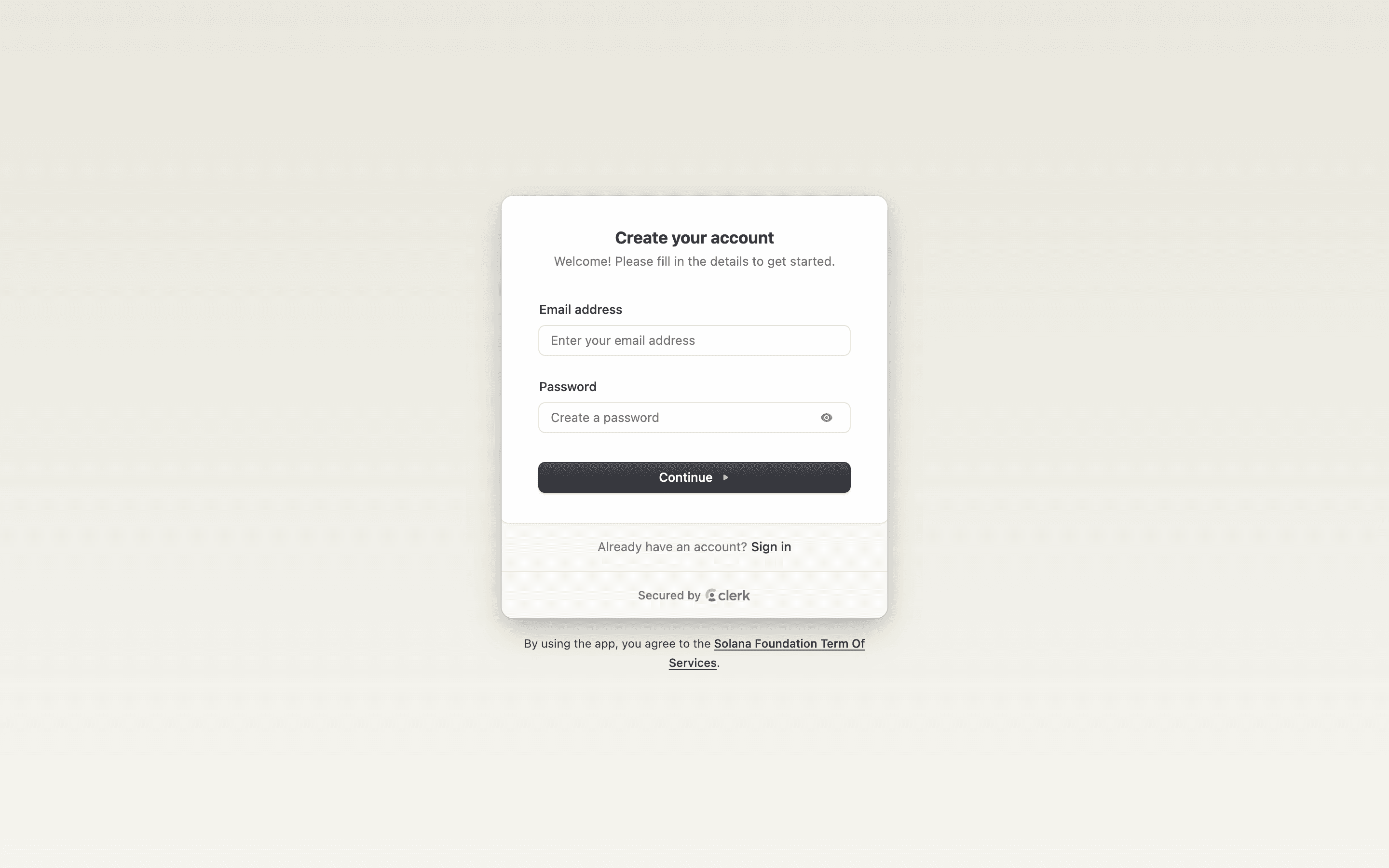 Create your account screen
