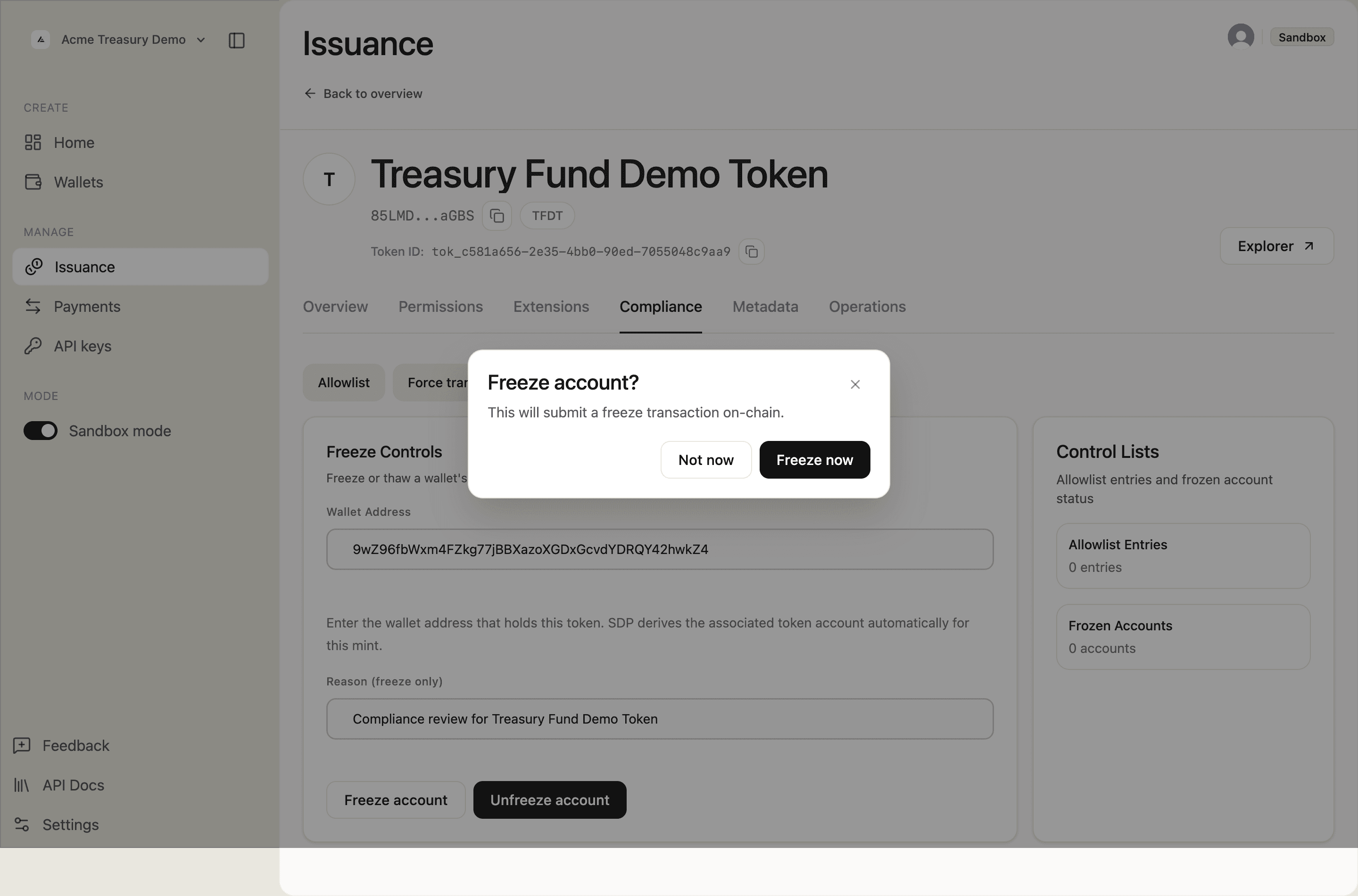 Freeze account confirmation dialog