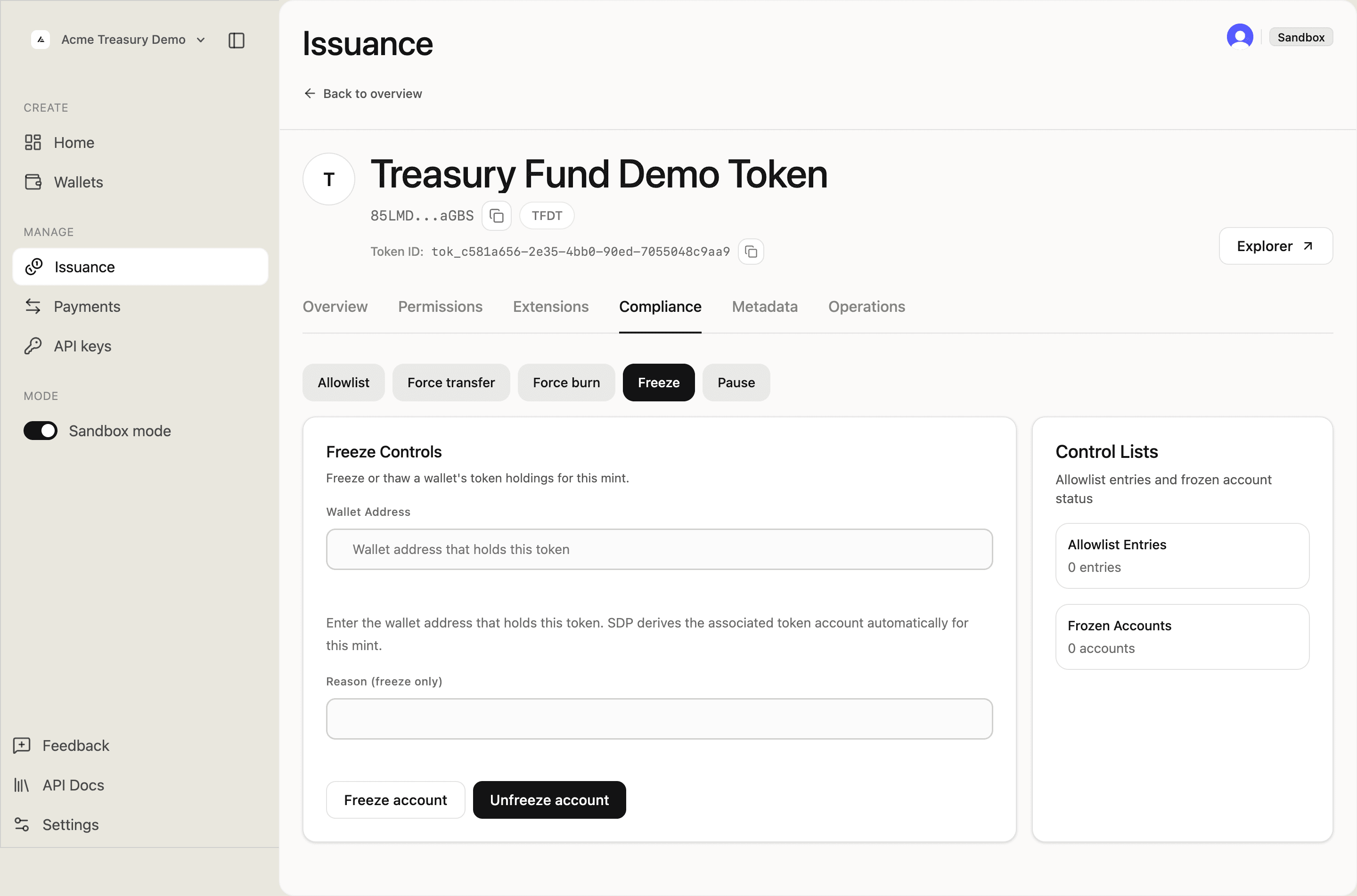 Freeze Controls tab with empty wallet address and reason fields