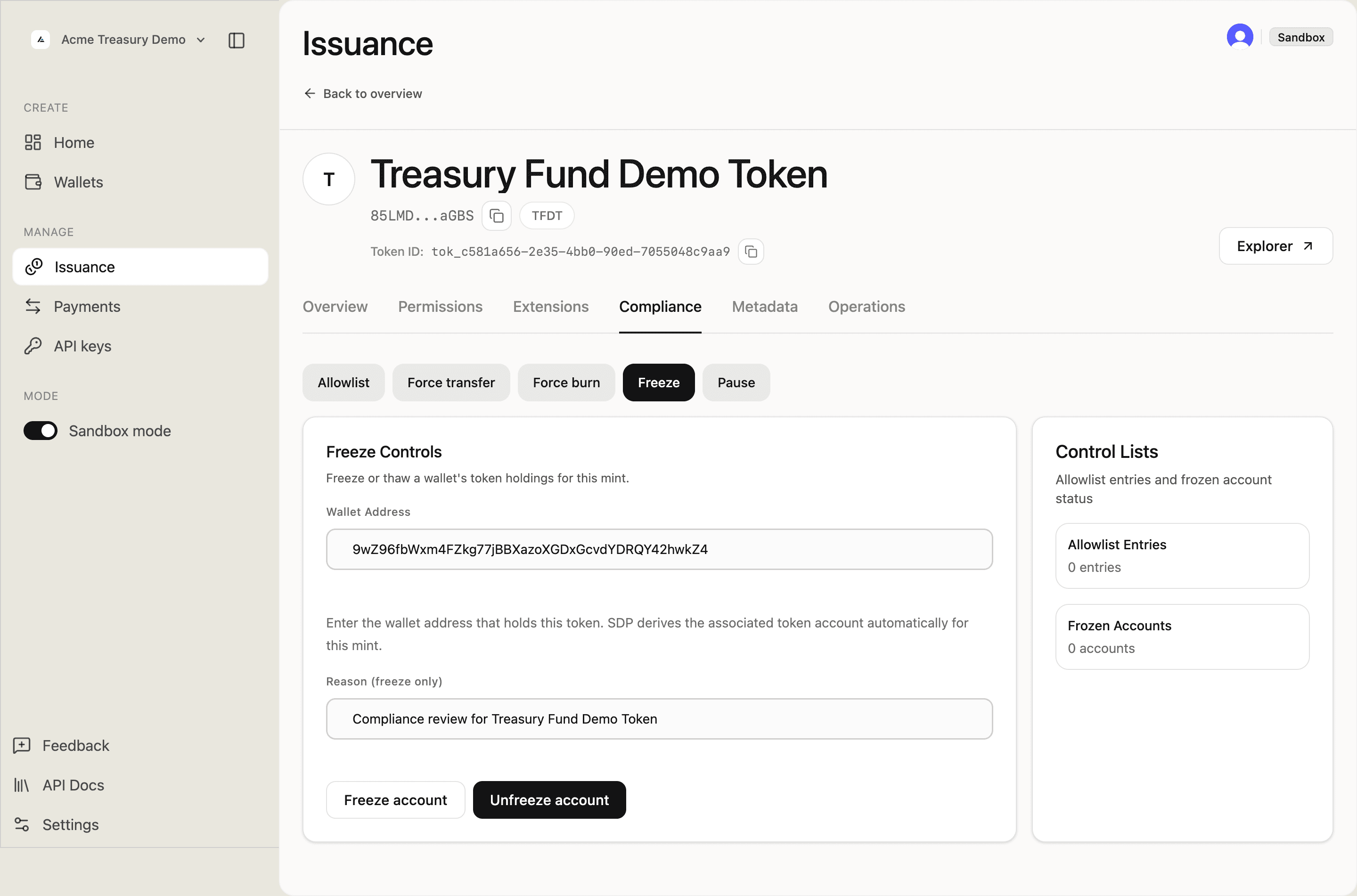 Freeze Controls tab with wallet address and reason filled in