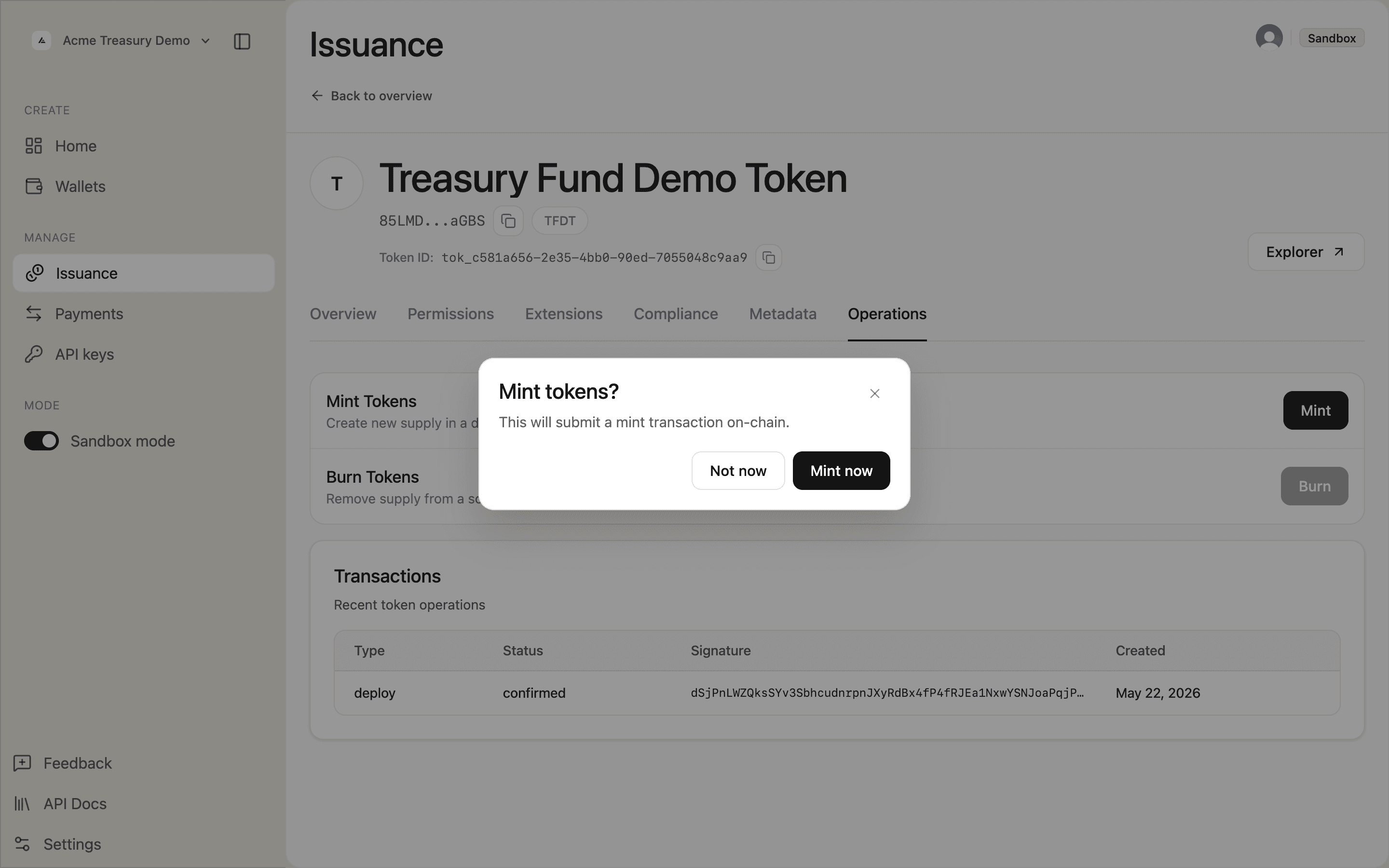 Mint tokens confirmation dialog — click Mint now to submit the transaction on-chain