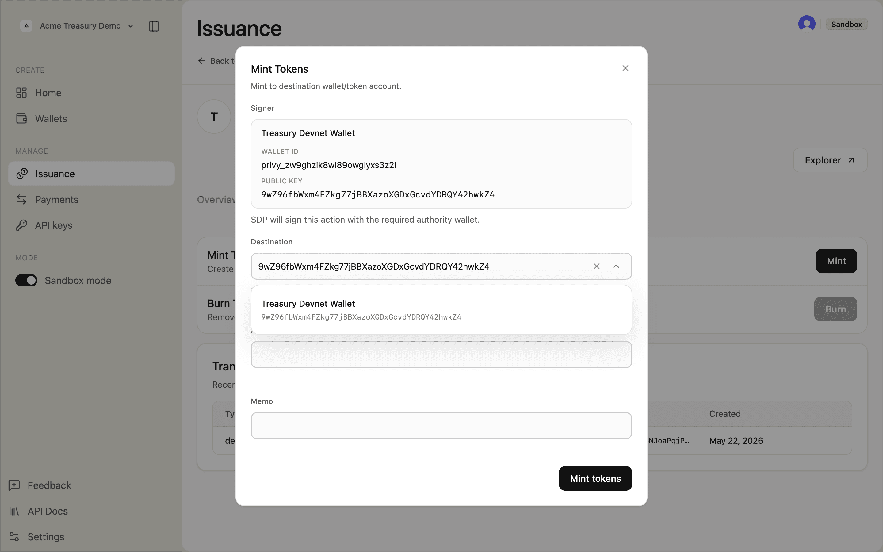 Mint Tokens modal with amount and memo filled in