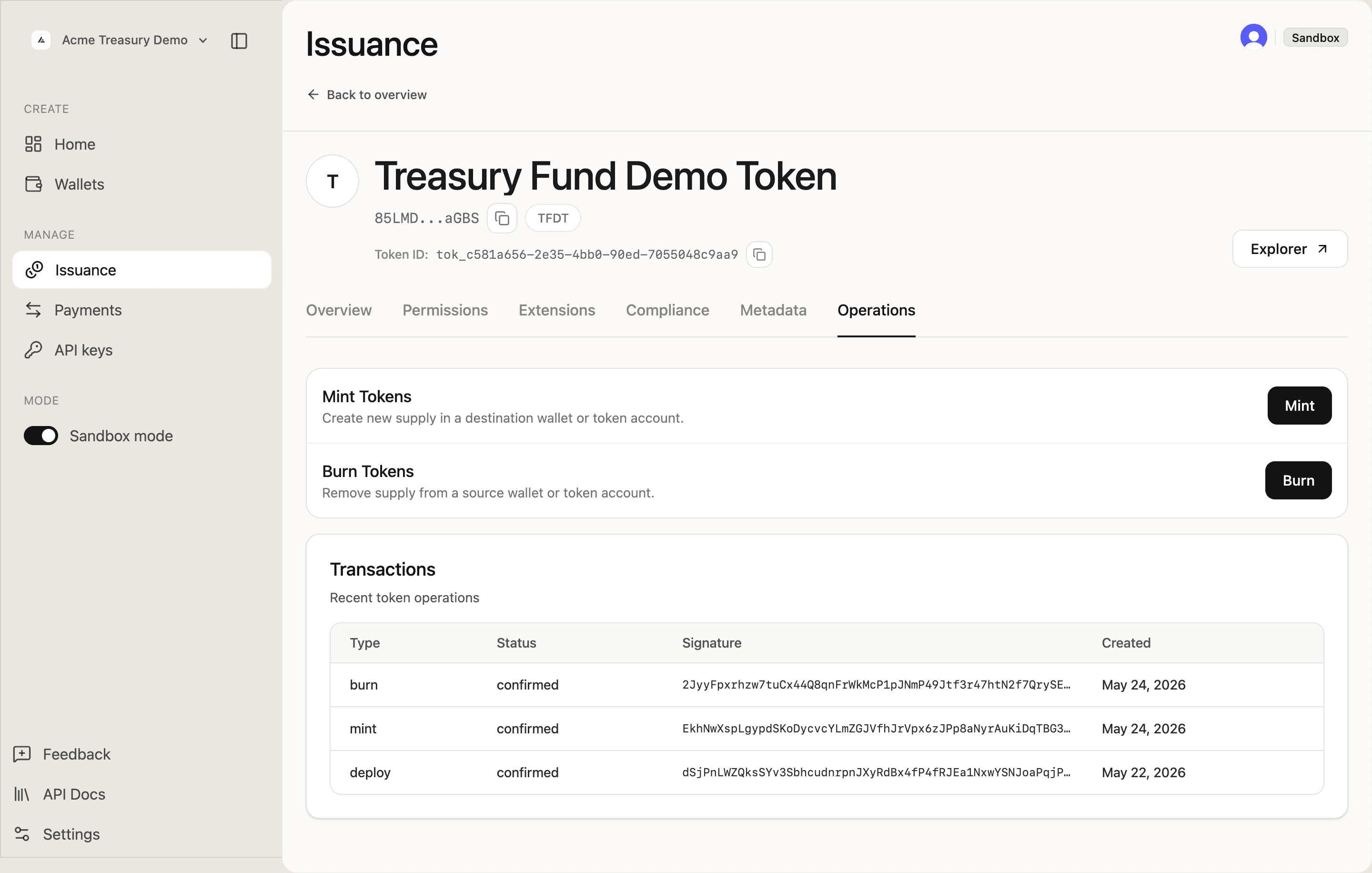 Operations tab showing confirmed burn, mint, and deploy transactions