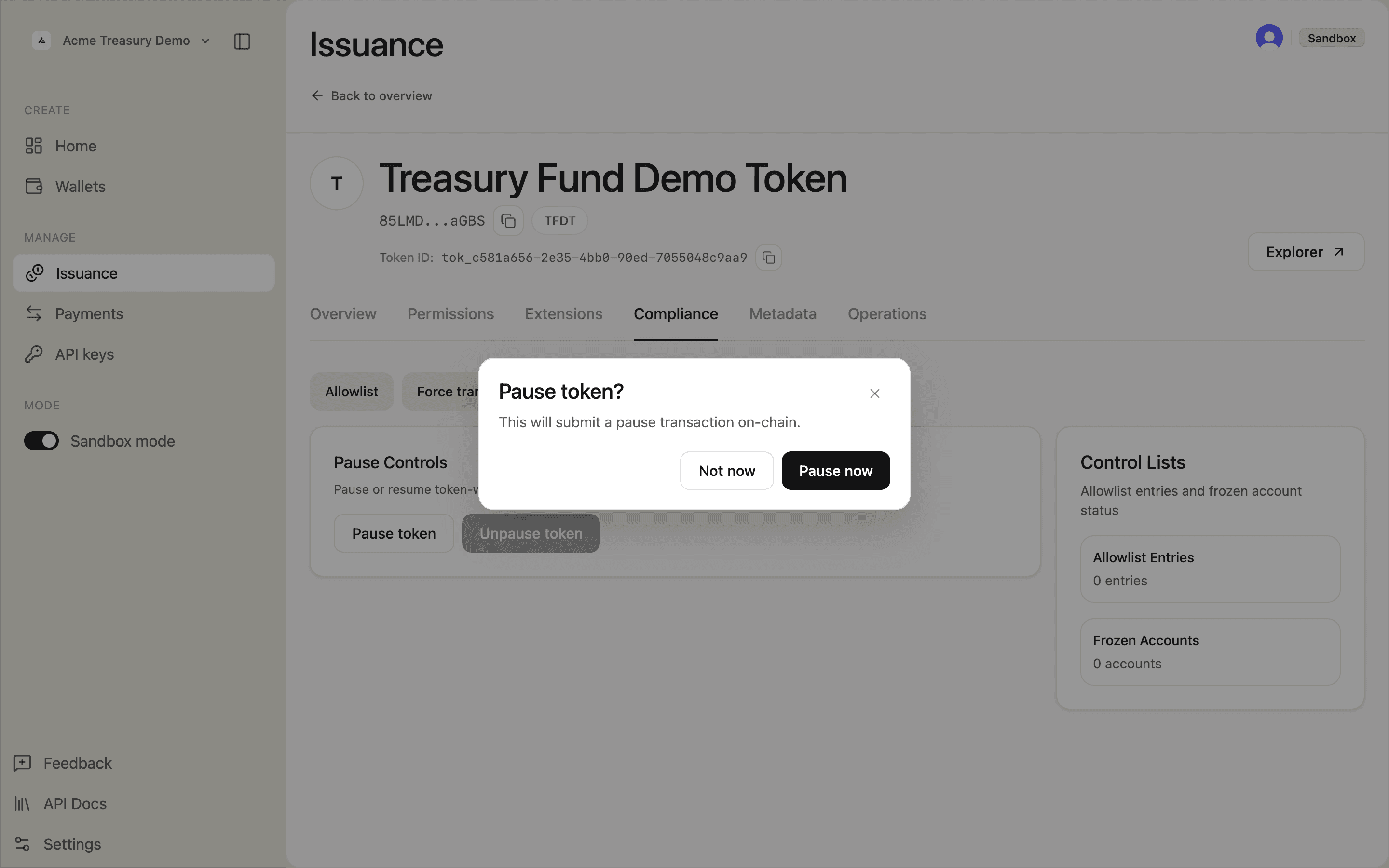 Pause token confirmation dialog