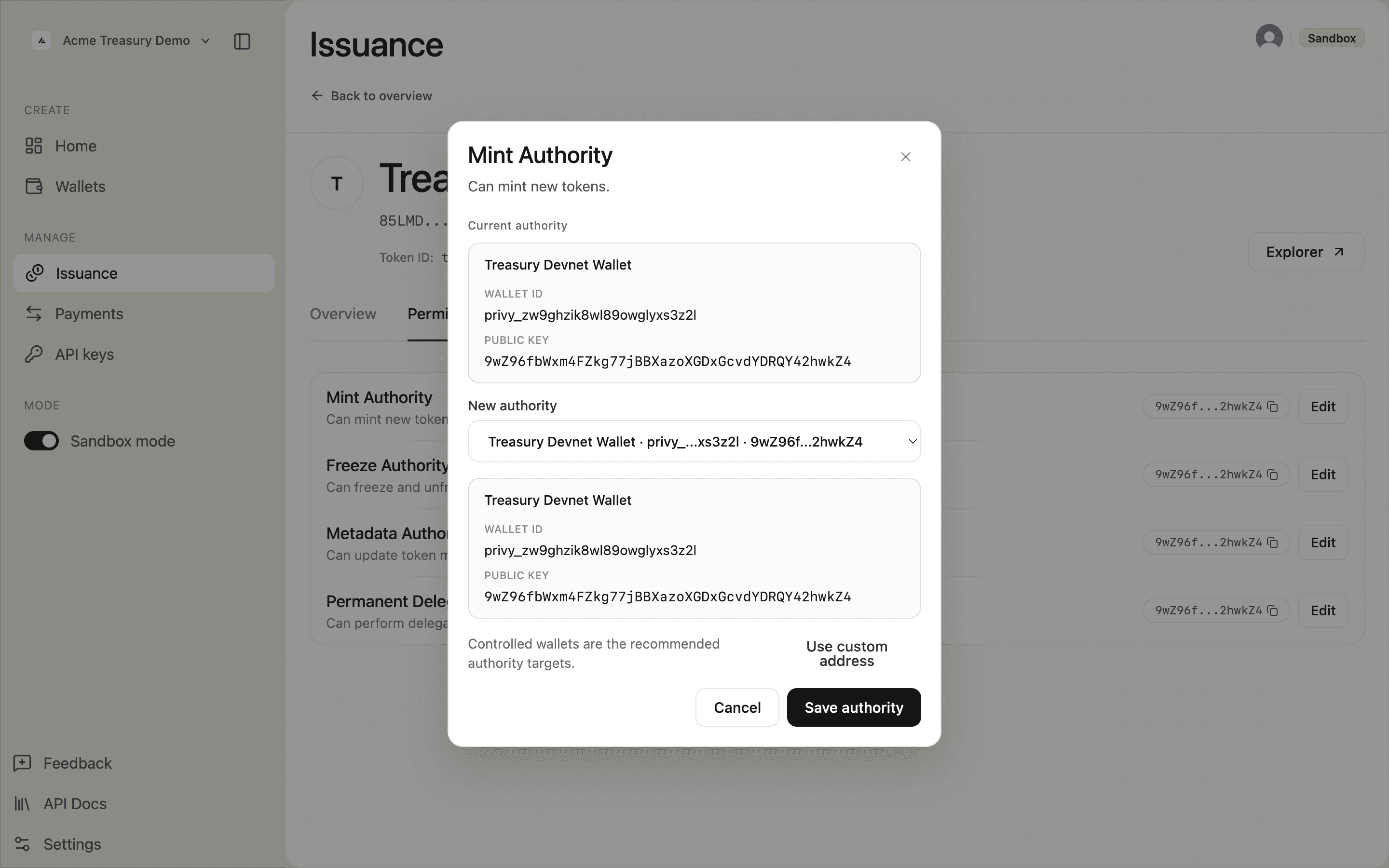 Mint Authority modal showing current authority wallet, new authority dropdown with controlled wallets, and Save authority button