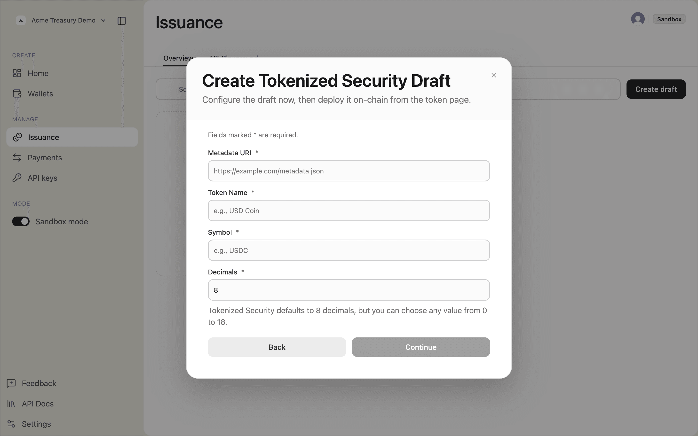 Identity configuration form with Metadata URI, Token Name, Symbol, and Decimals fields