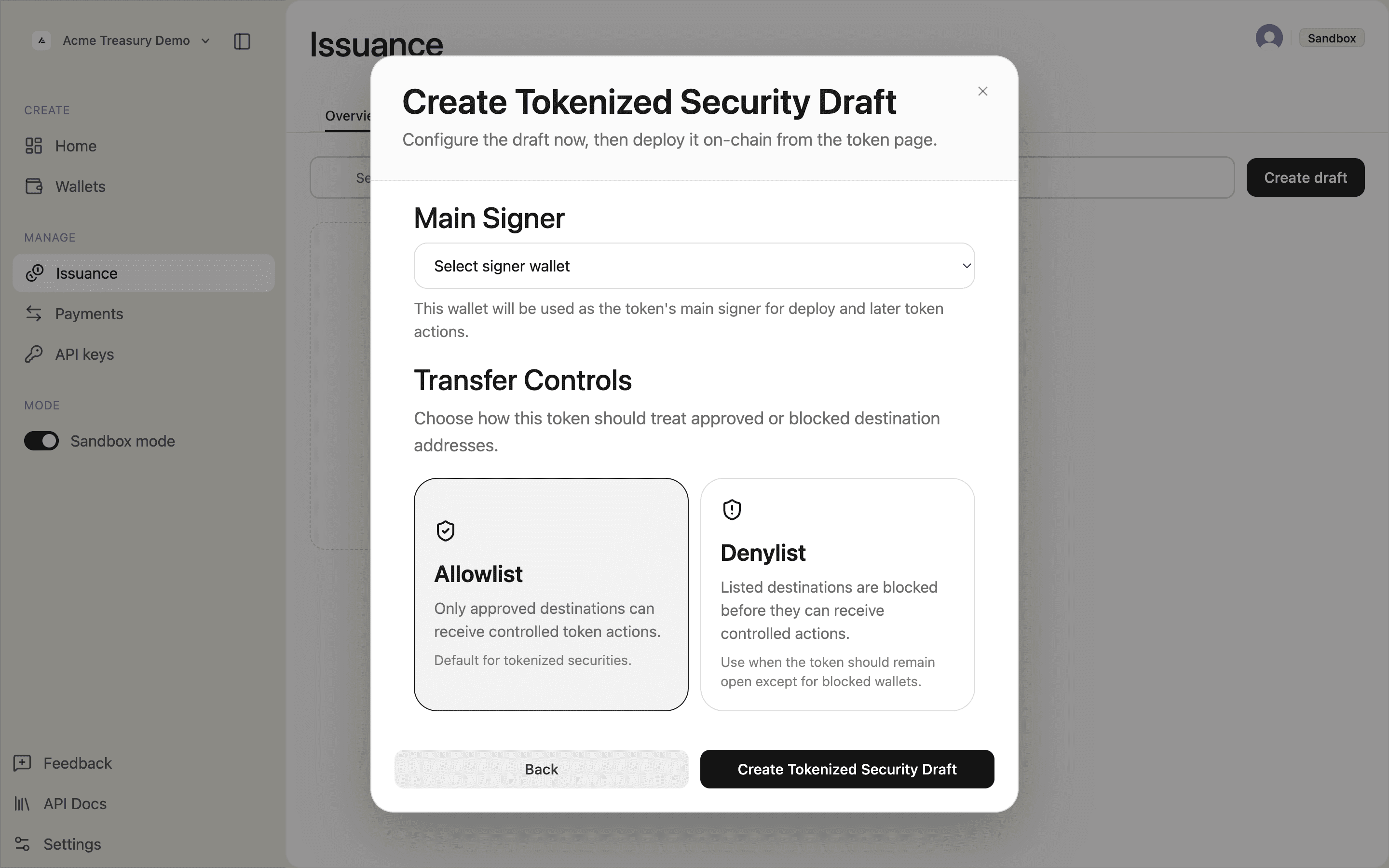 Operational settings form showing Main Signer and Transfer Controls with Allowlist and Denylist toggles
