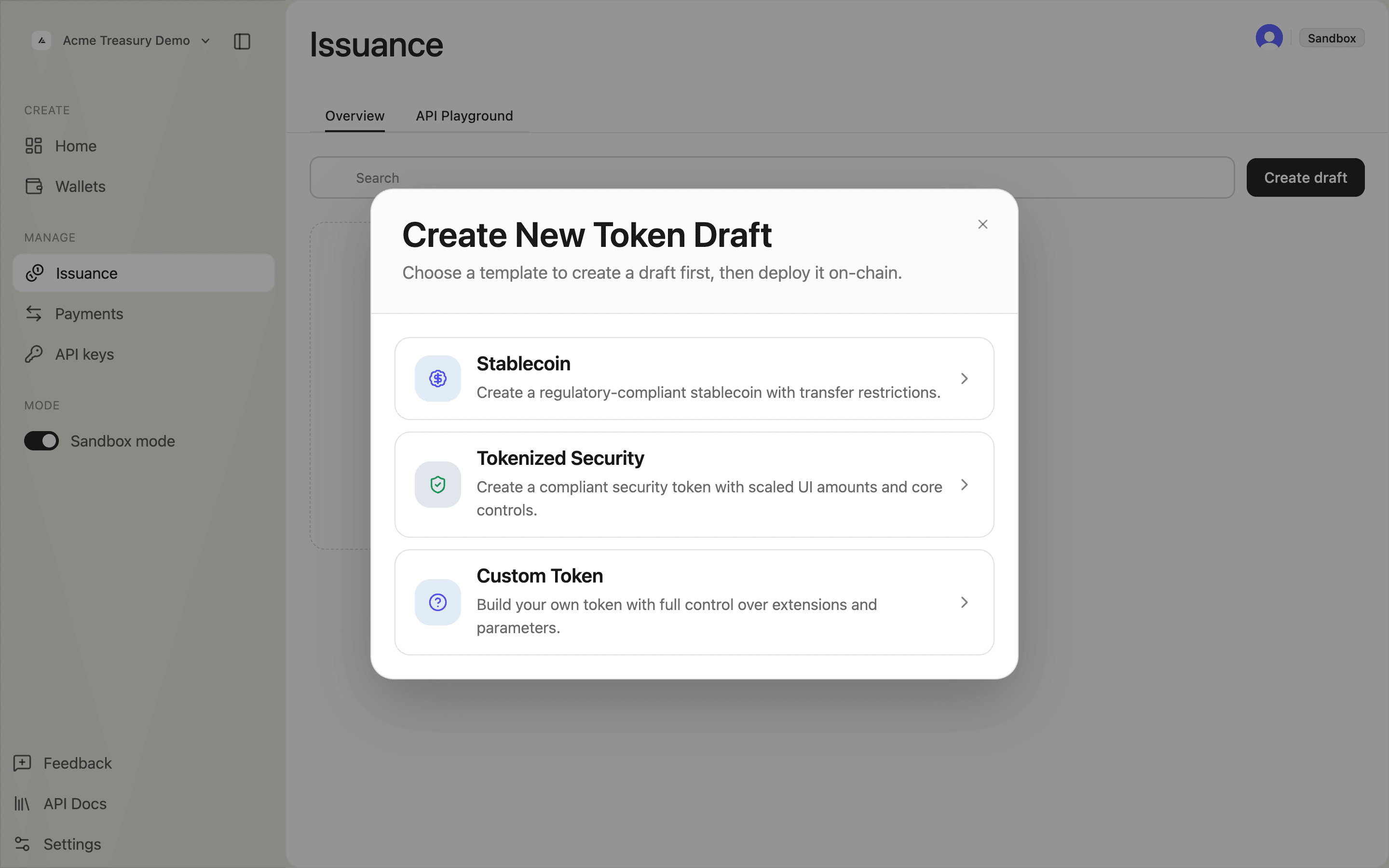 Template selection modal showing Stablecoin, Tokenized Security, and Custom cards