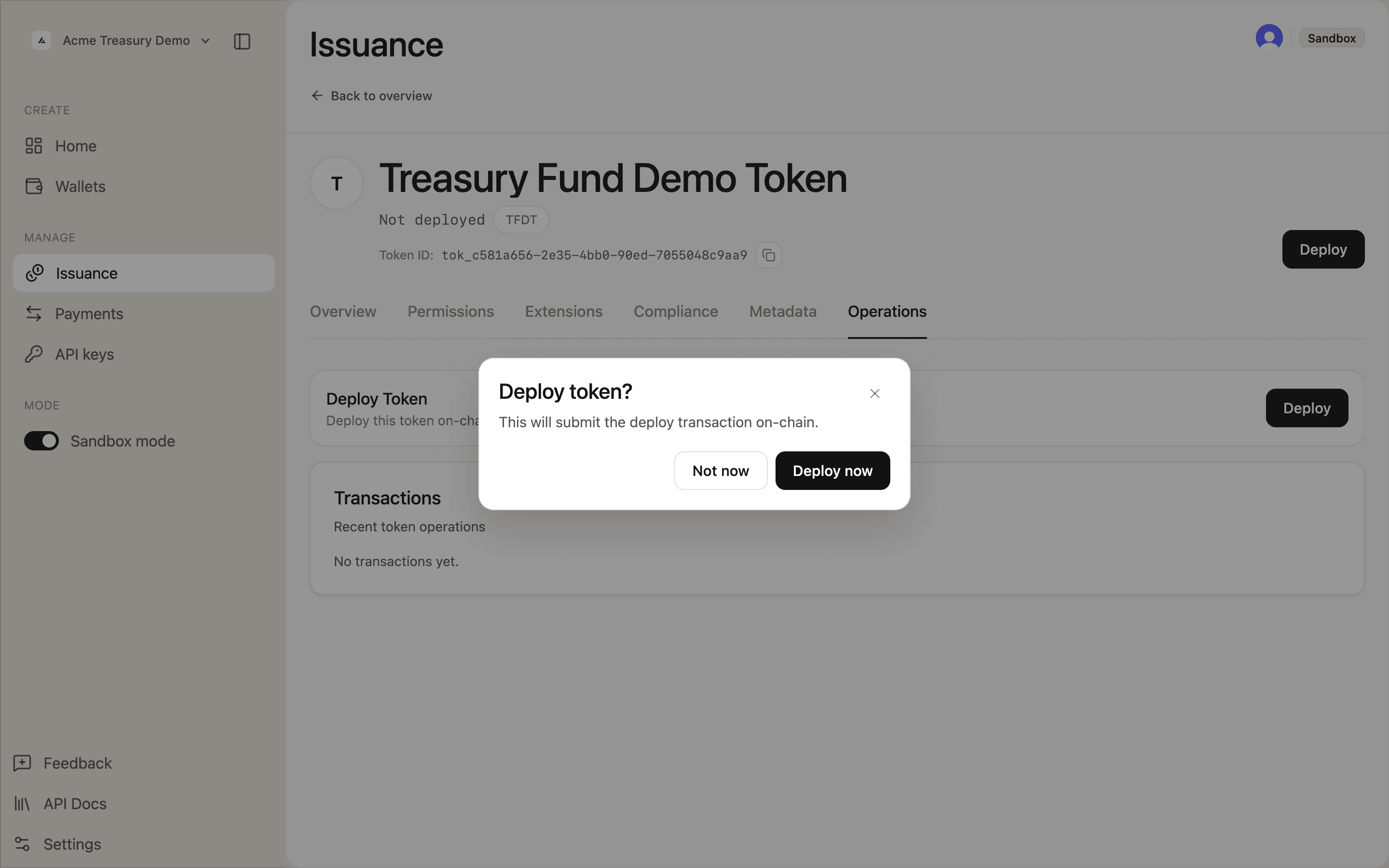 Deploy token confirmation dialog