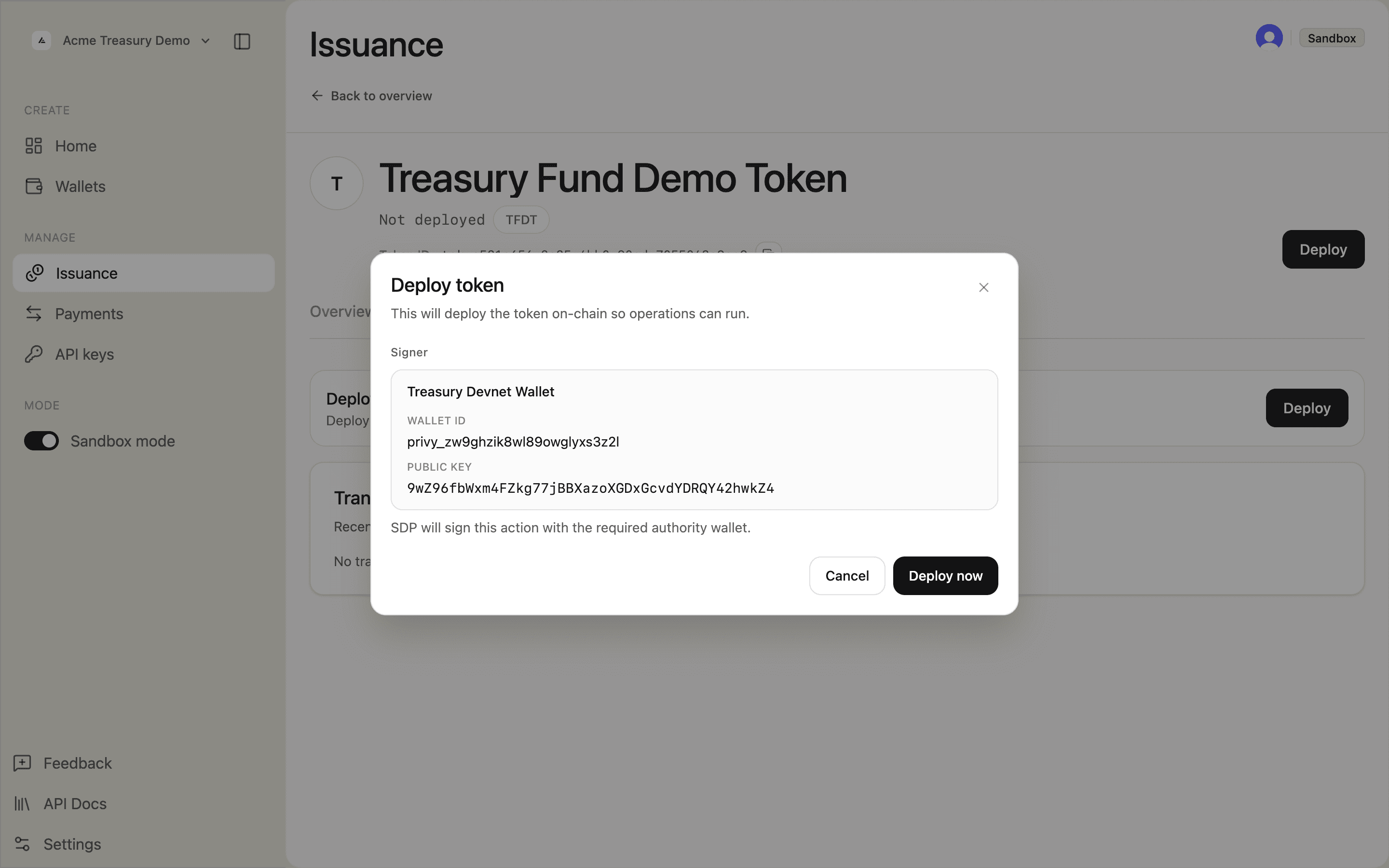 Deploy token modal showing the signer wallet details