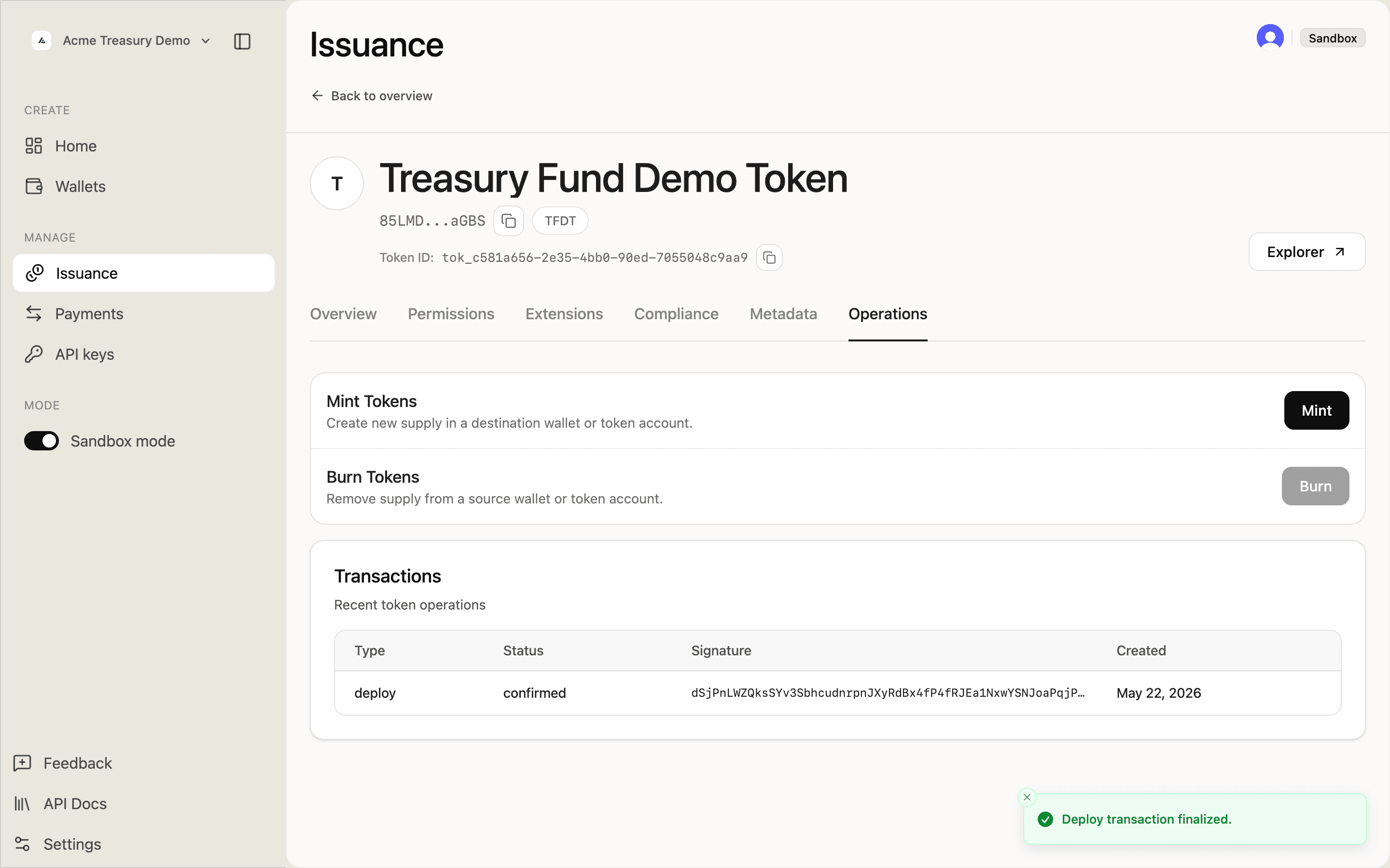 Token Operations tab showing Mint and Burn actions