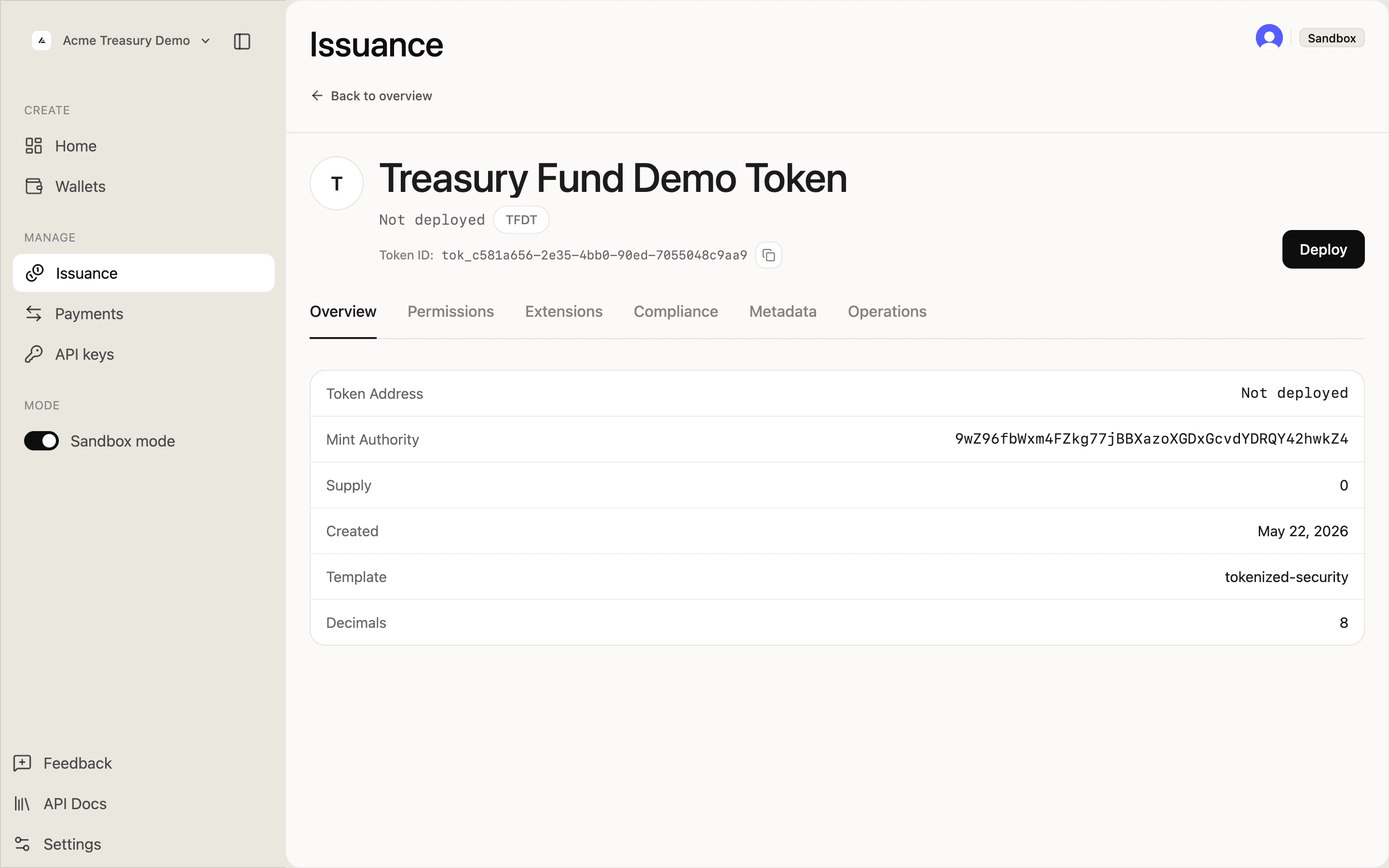 Token detail page showing Not deployed status and Deploy button