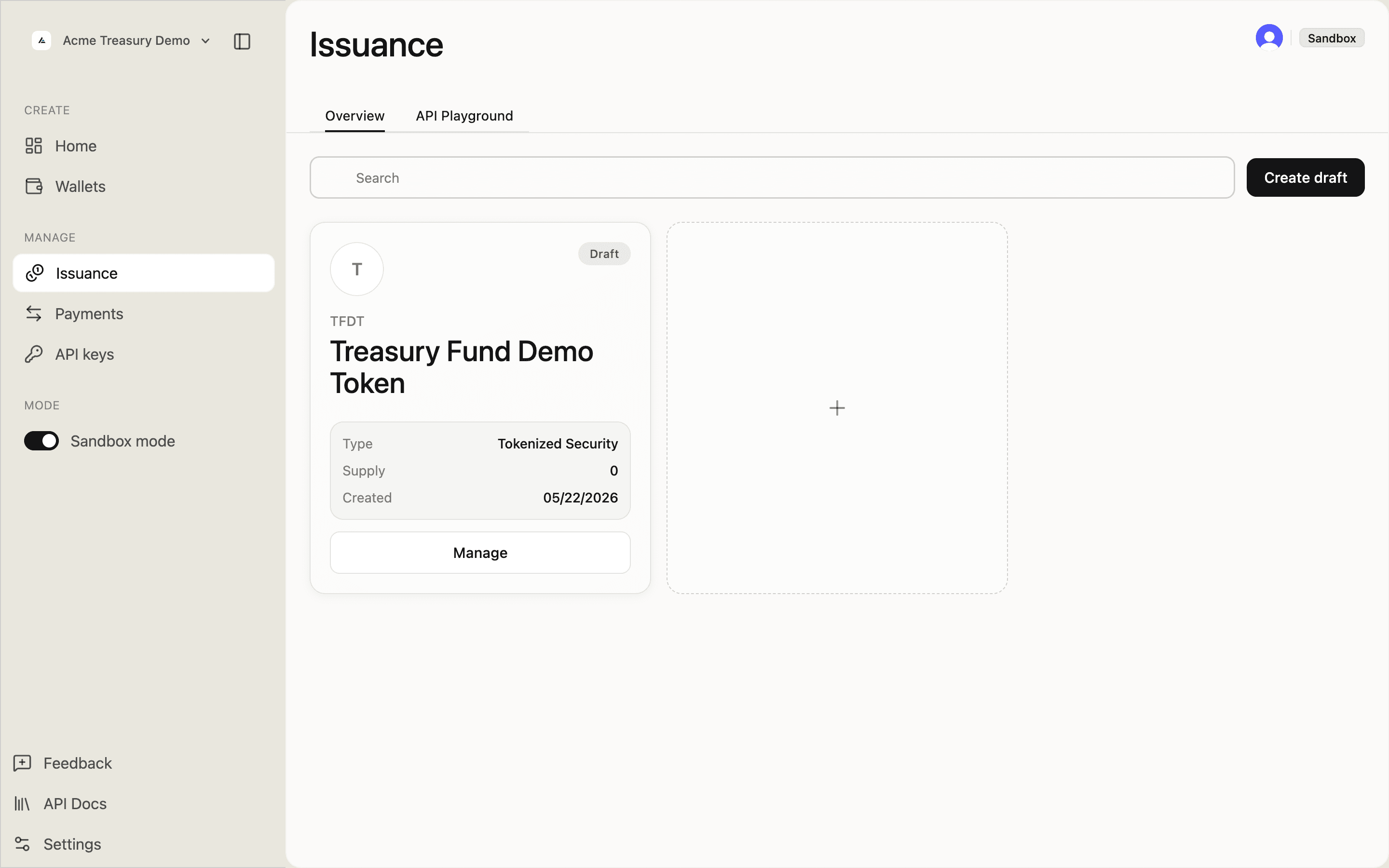 Issuance list showing the newly created token with a Draft badge
