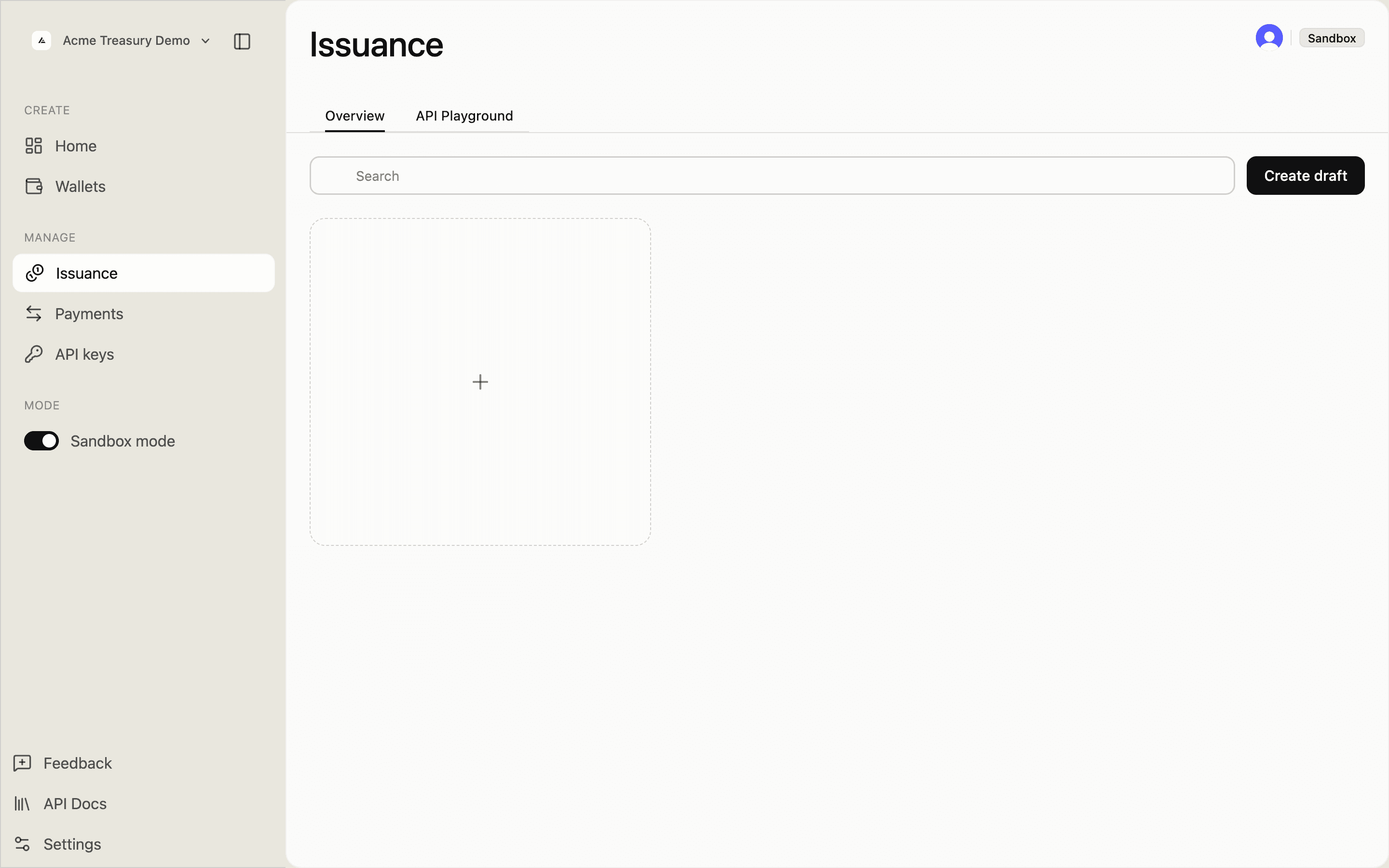 Empty Issuance page with a create card