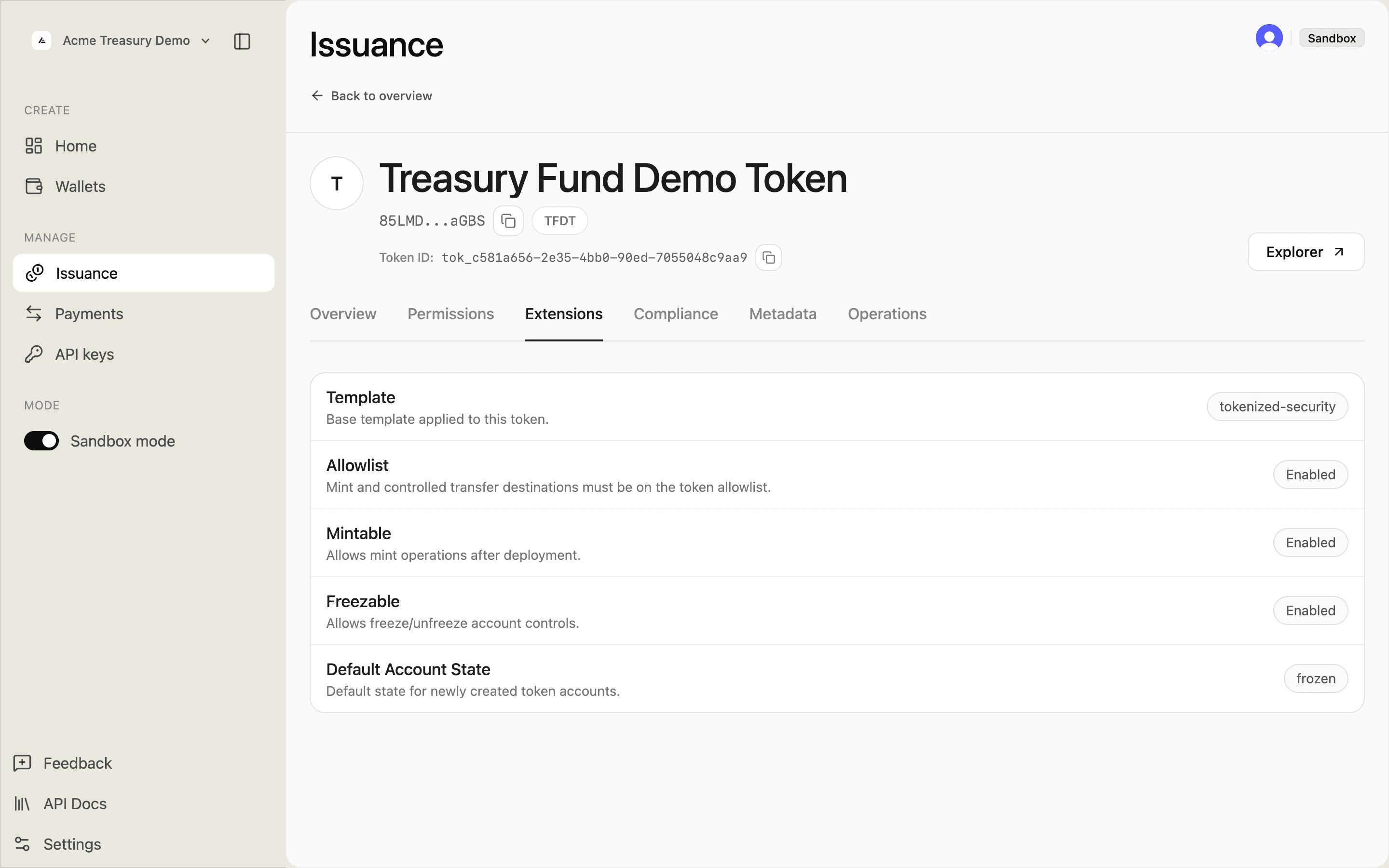 Extensions tab showing template, allowlist, mintable, freezable, and default account state settings