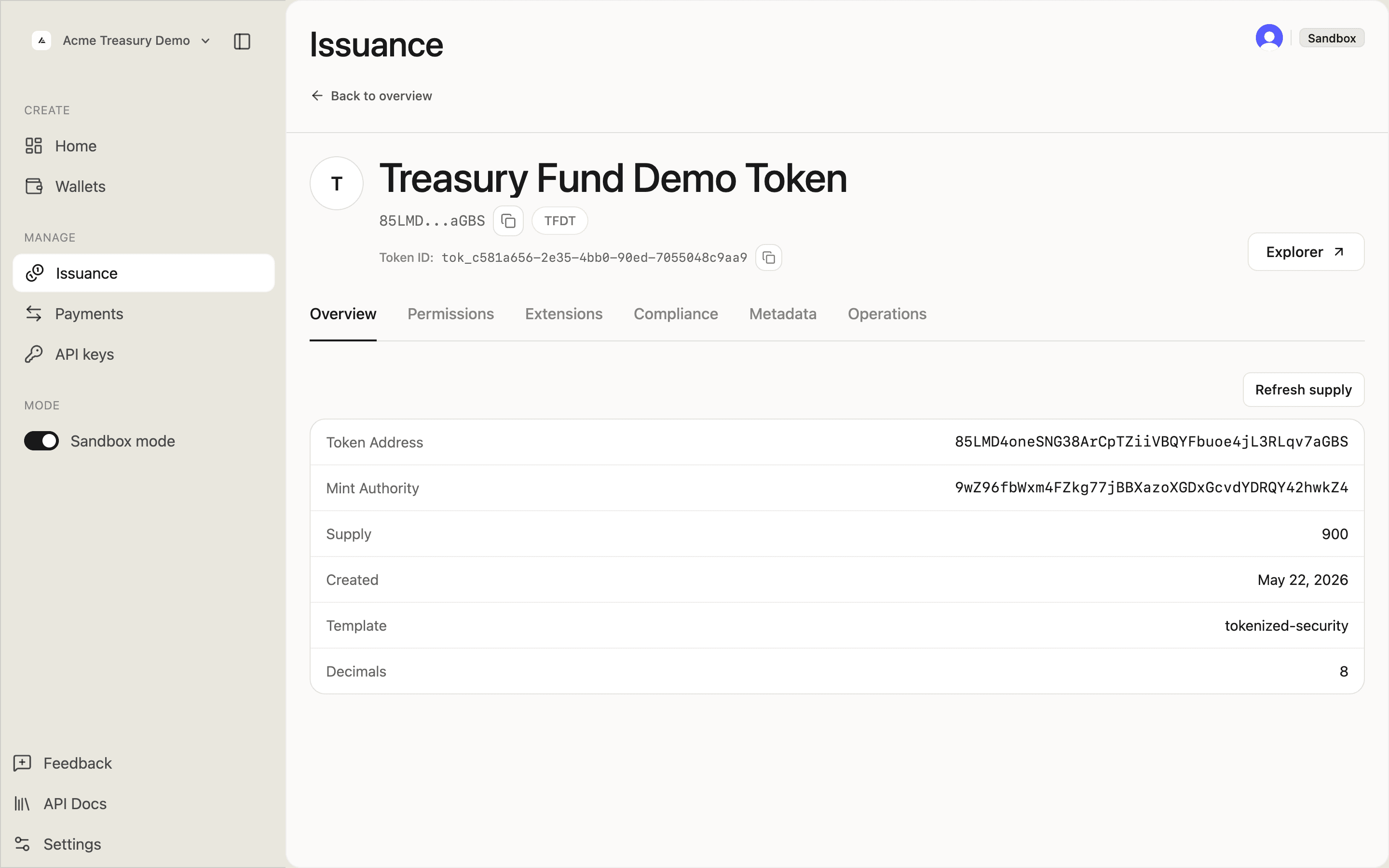 Token detail Overview tab showing token address, mint authority, supply, template, and decimals