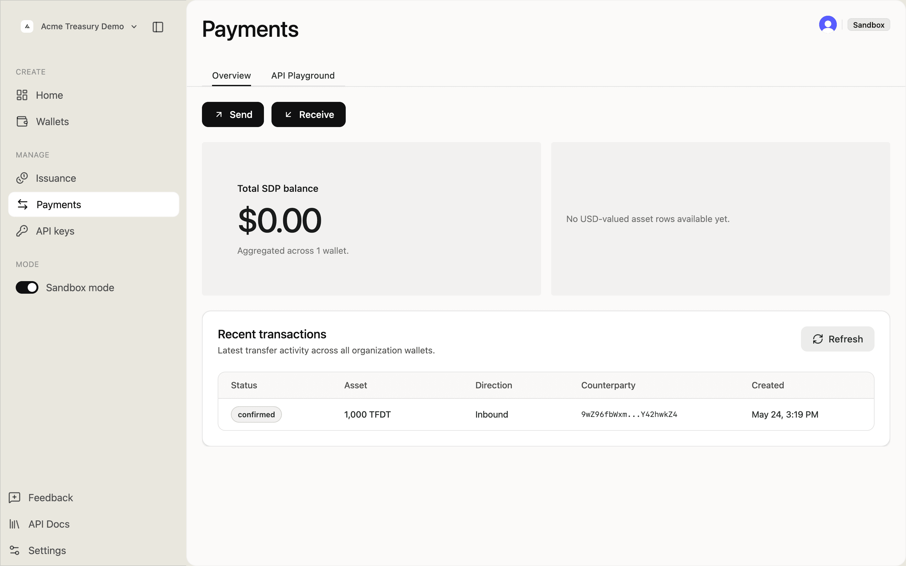 Payments overview showing balance, Send and Receive buttons, and recent transactions