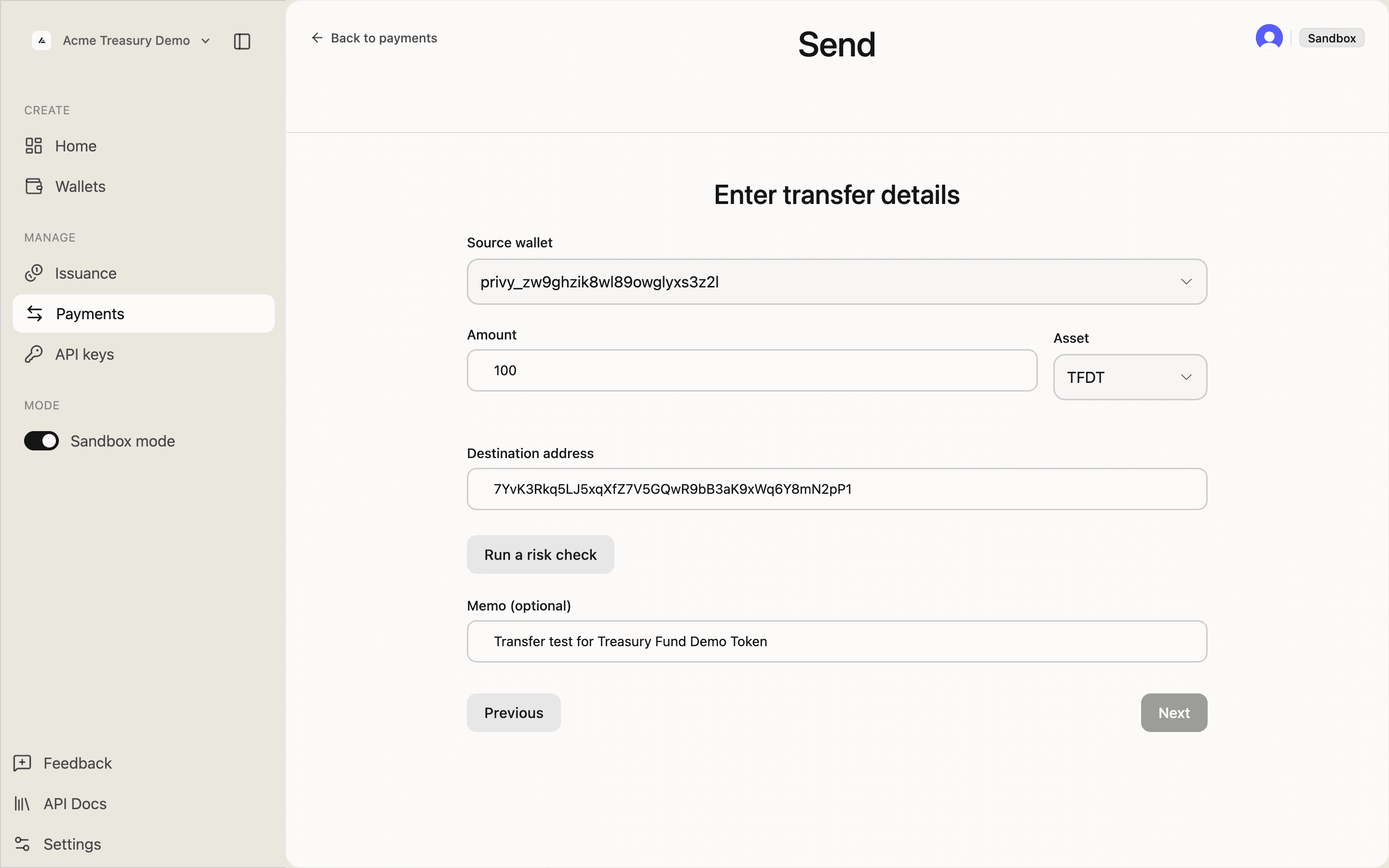 Transfer details form with all fields filled in