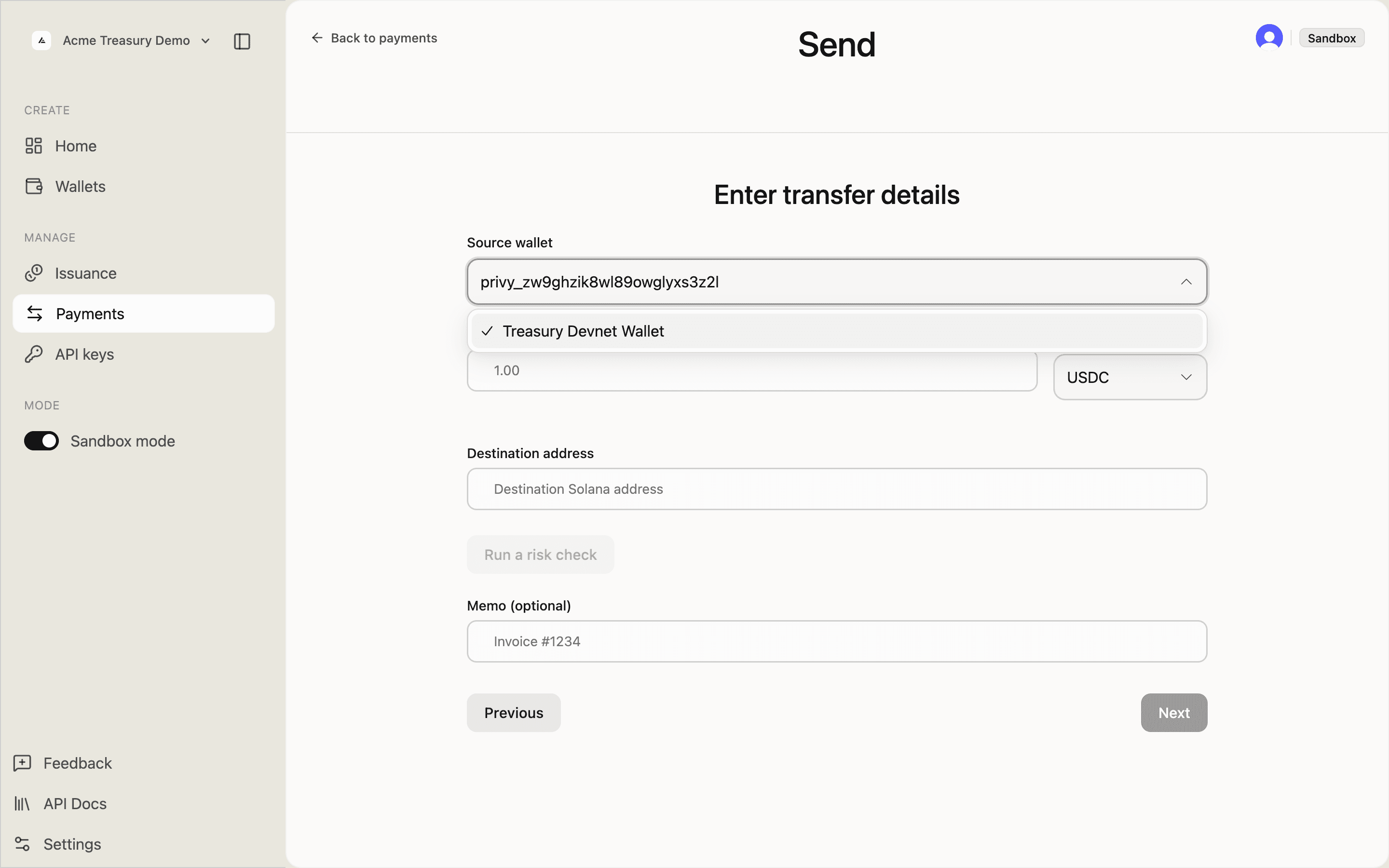 Transfer details form with source wallet dropdown open