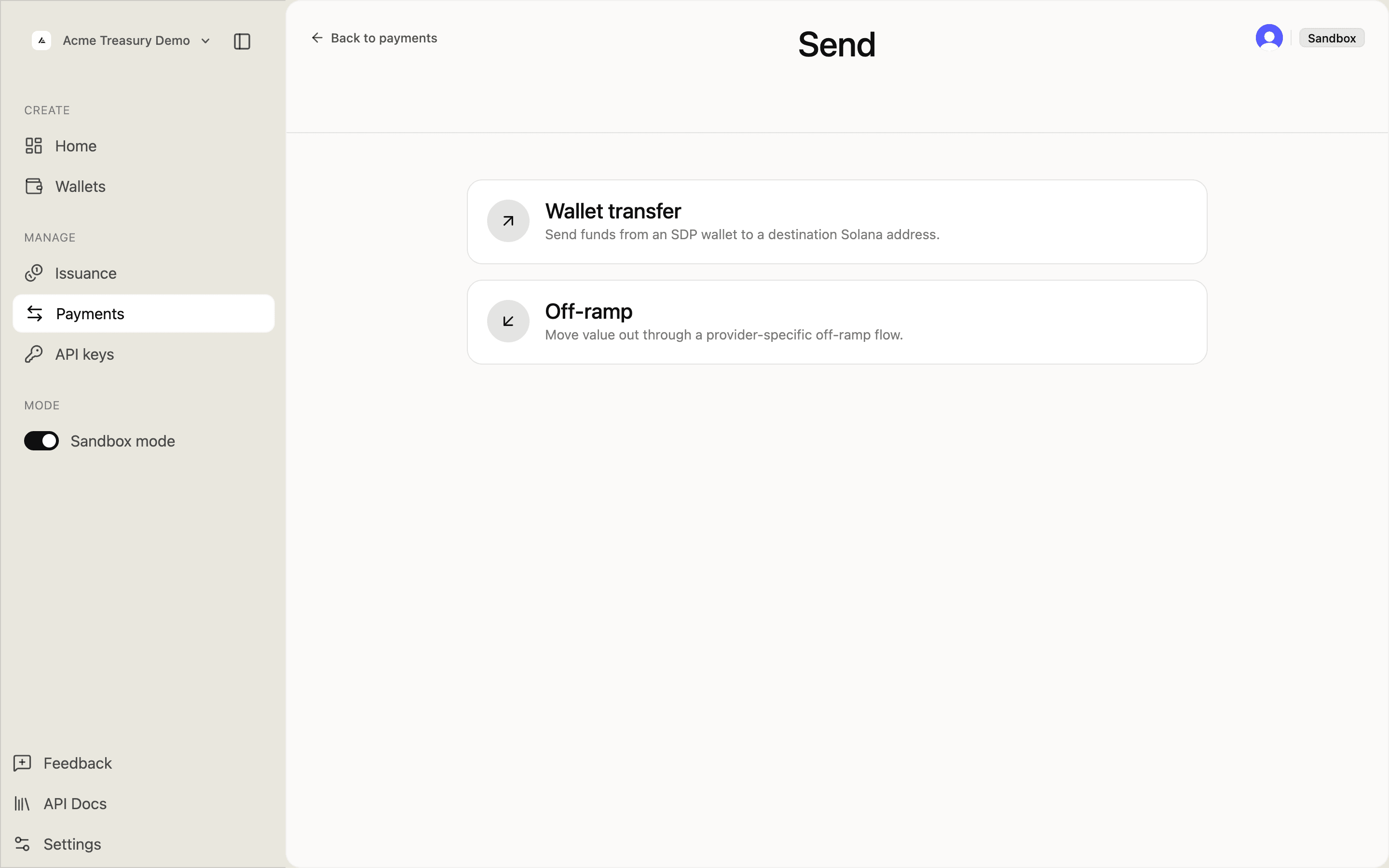 Send page showing Wallet transfer and Off-ramp options