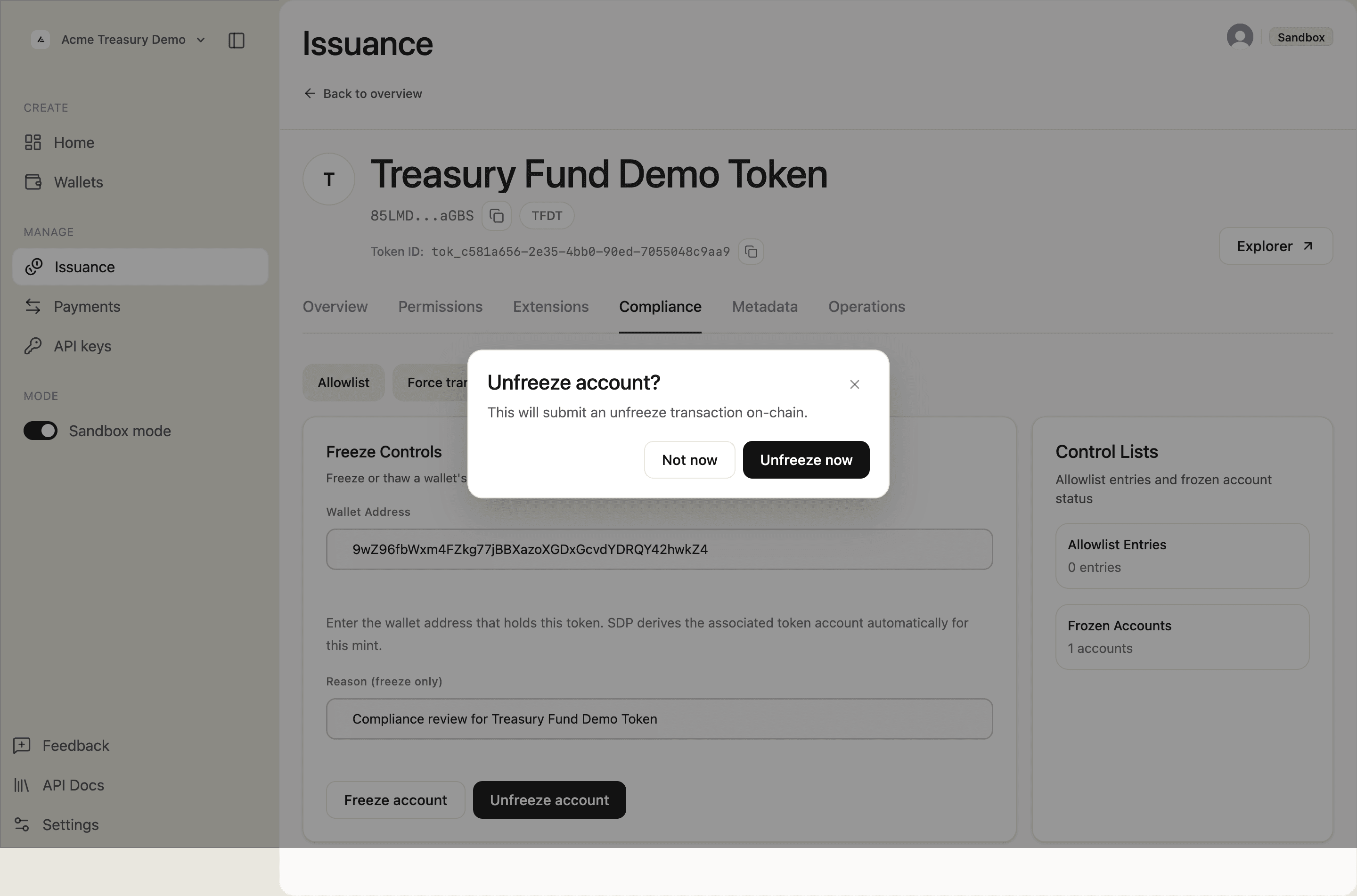 Unfreeze account confirmation dialog