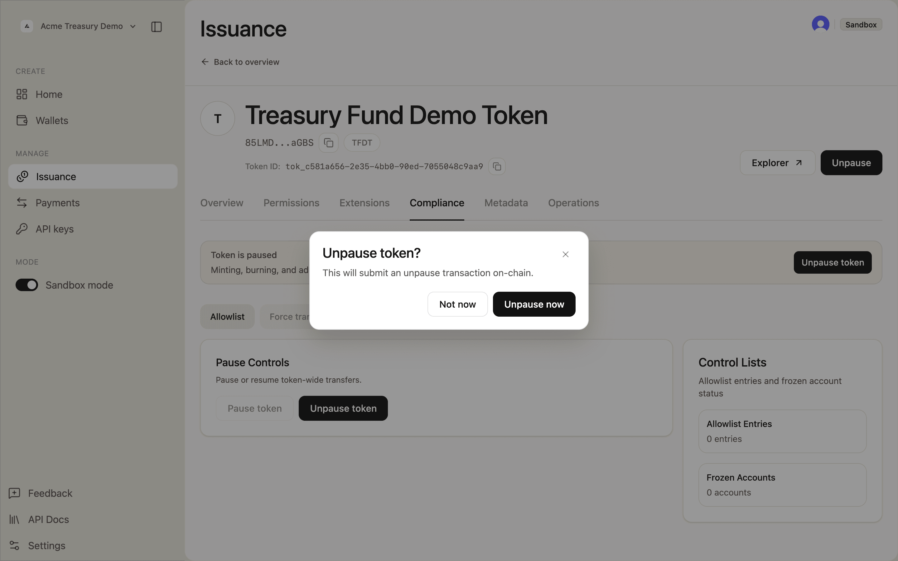Unpause token confirmation dialog