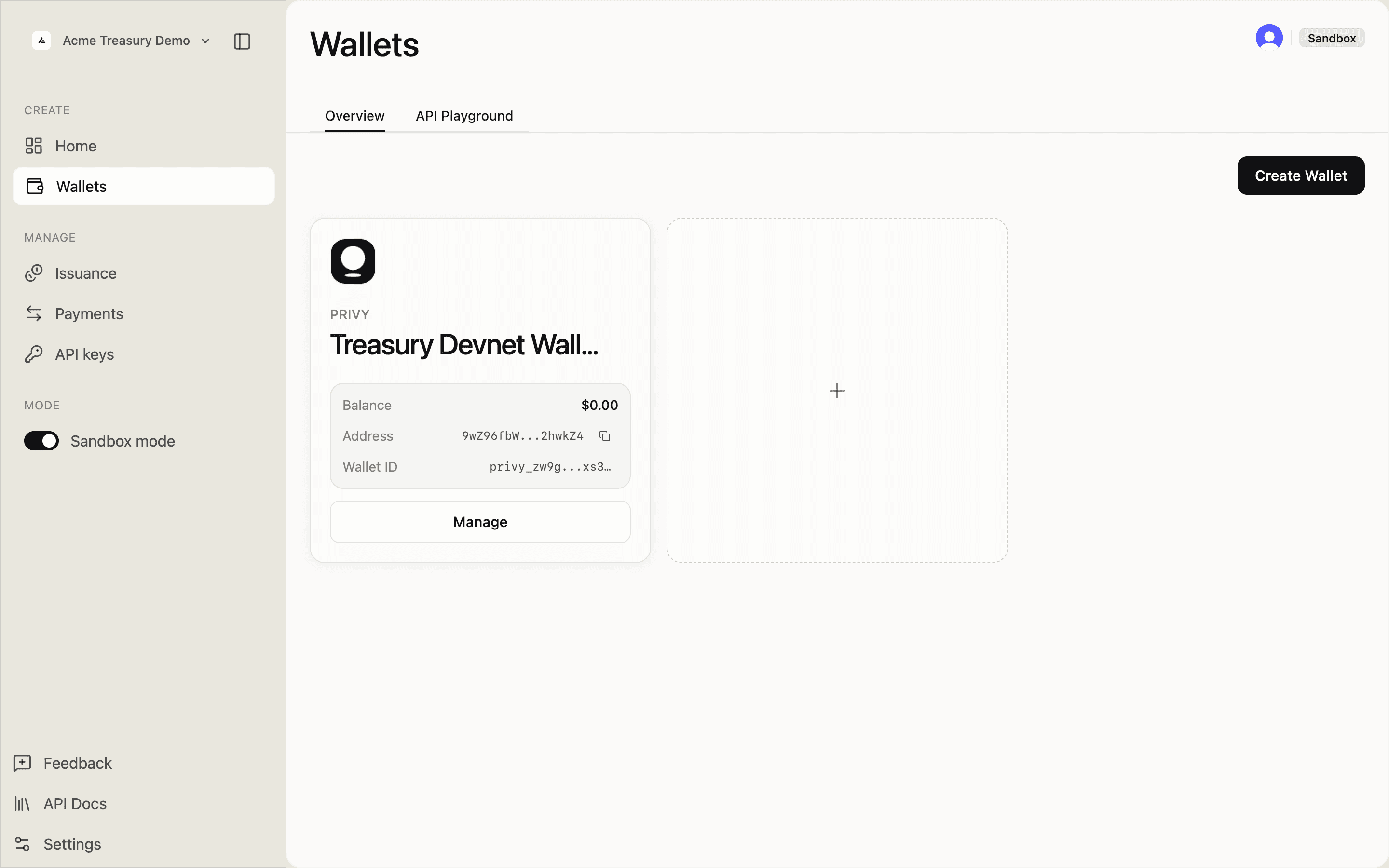 Wallets page after wallet creation