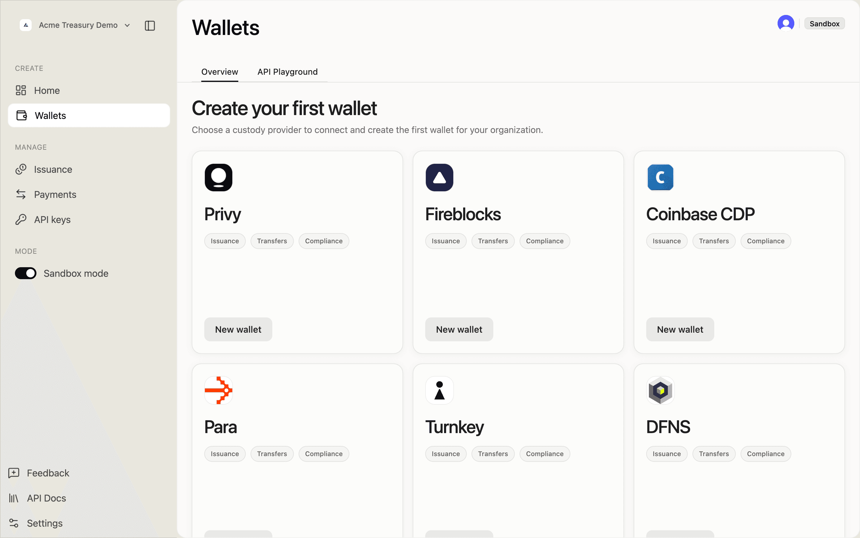 Wallets page showing custody provider cards